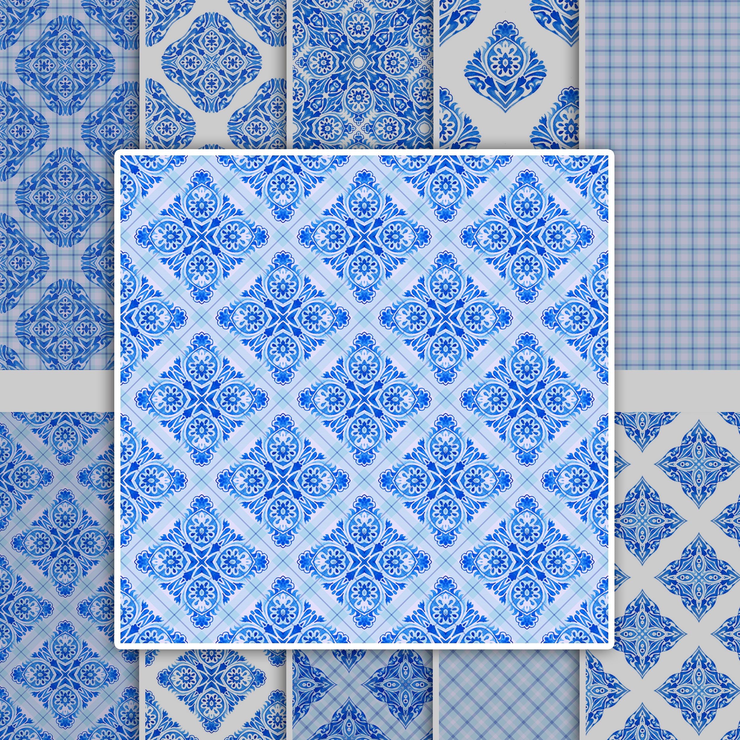 Blau-weiße Muster mit floralen und geometrischen Designs.