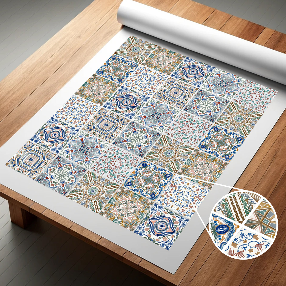 Musterpapier mit bunten, geometrischen Designs in Blau und Beige.