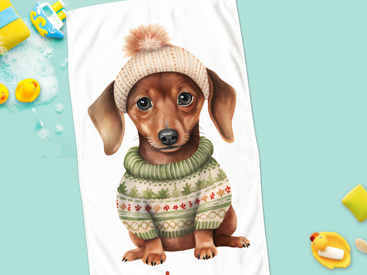 Dackel in gestricktem Pullover und Mütze, freundlich blickend.