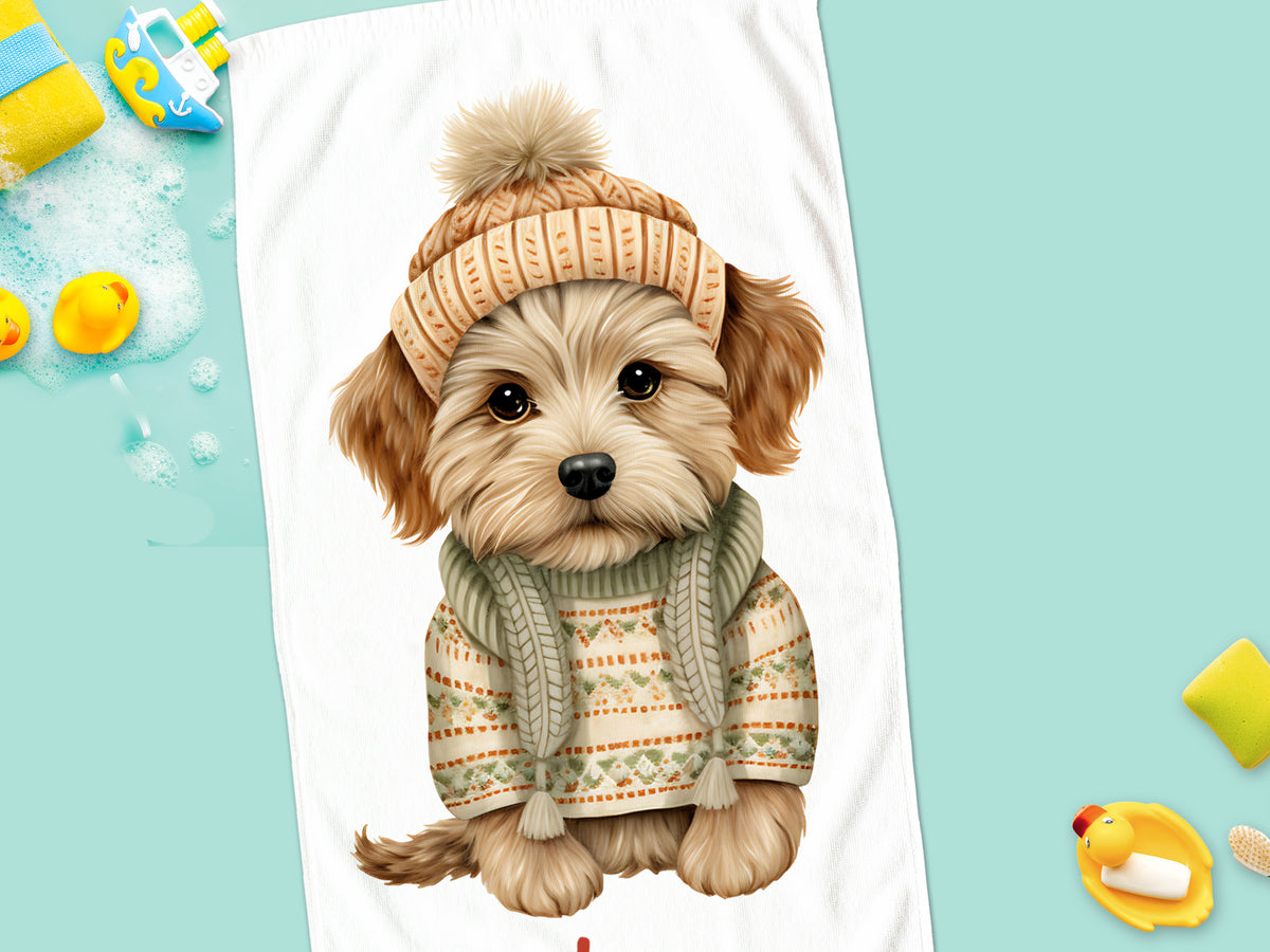 Hübscher Hund in gestricktem Pullover und Mütze.