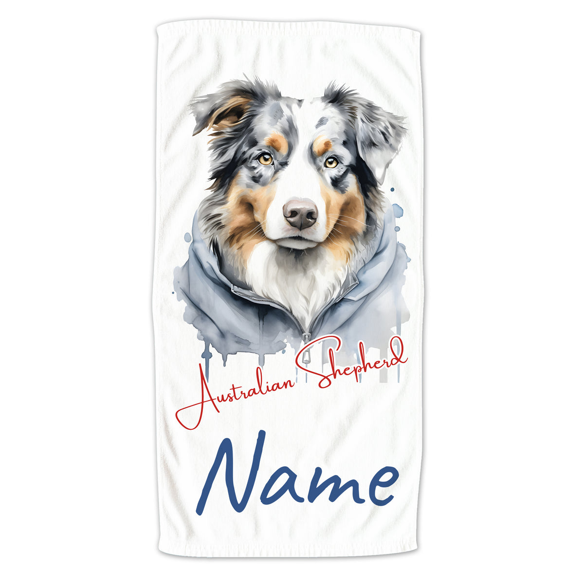 Handtuch mit Australian Shepherd, blau-weißer Farbton, personalisierbar.