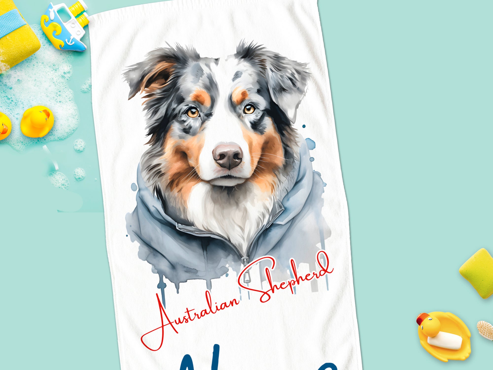 Australian Shepherd mit Hoodie, bunte Illustration auf Handtuch.