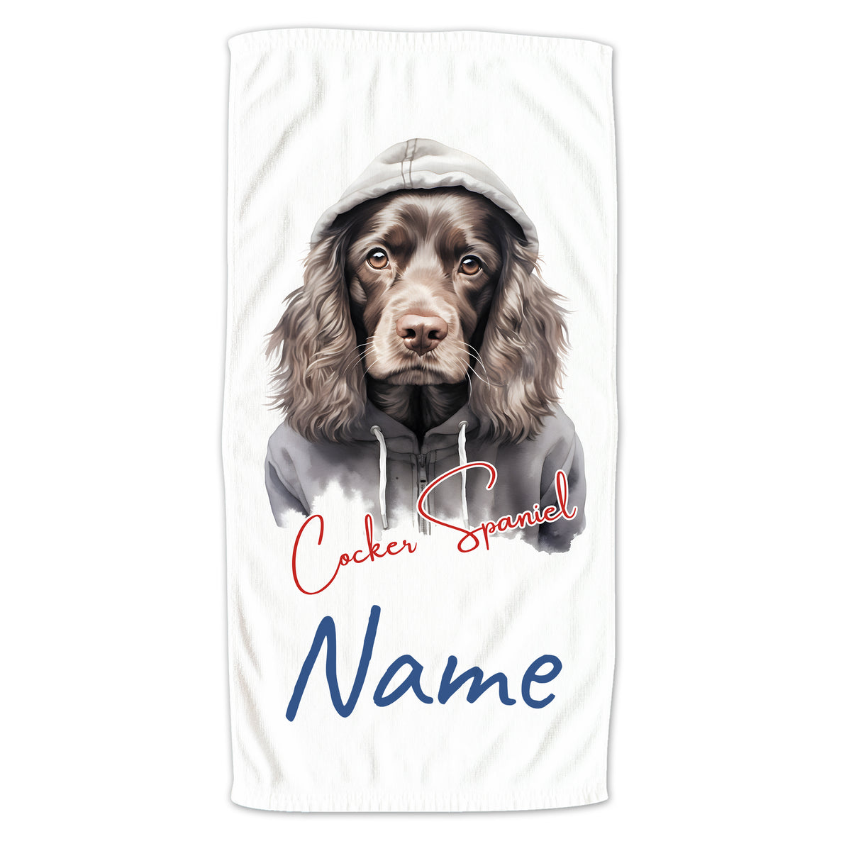 Cocker Spaniel mit Kapuzenpullover, personalisierbar.