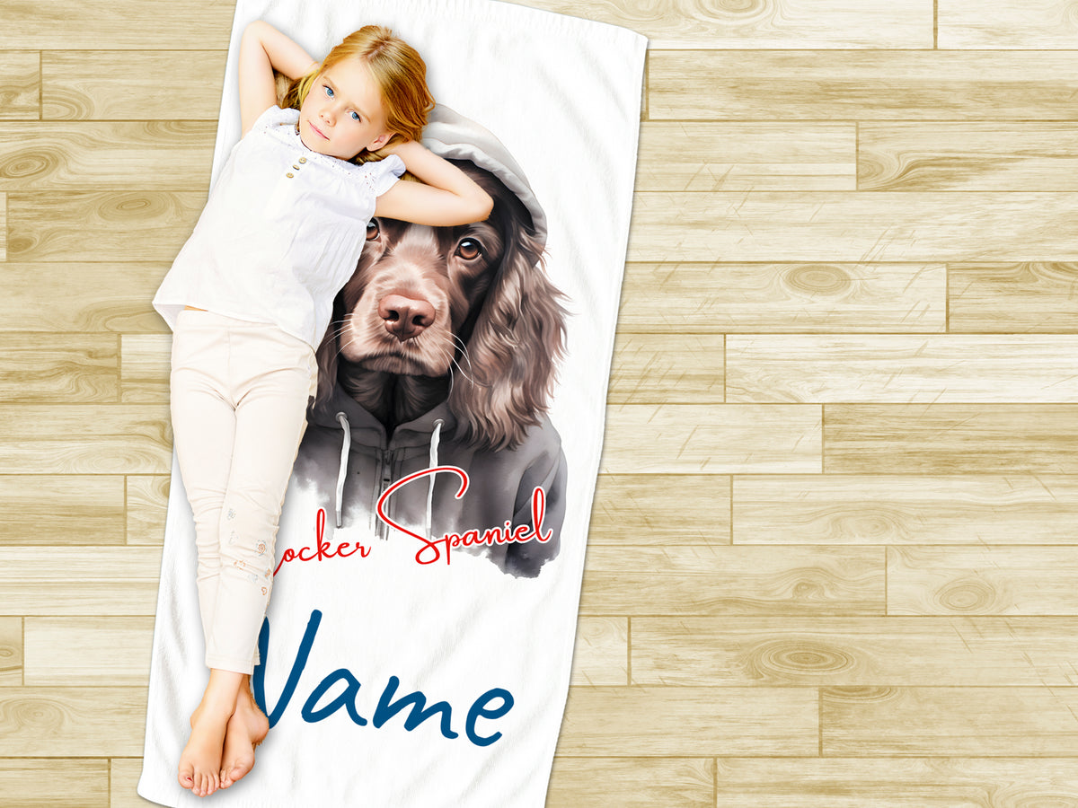 Wachstuch mit Cocker Spaniel und personalisiertem Namen.