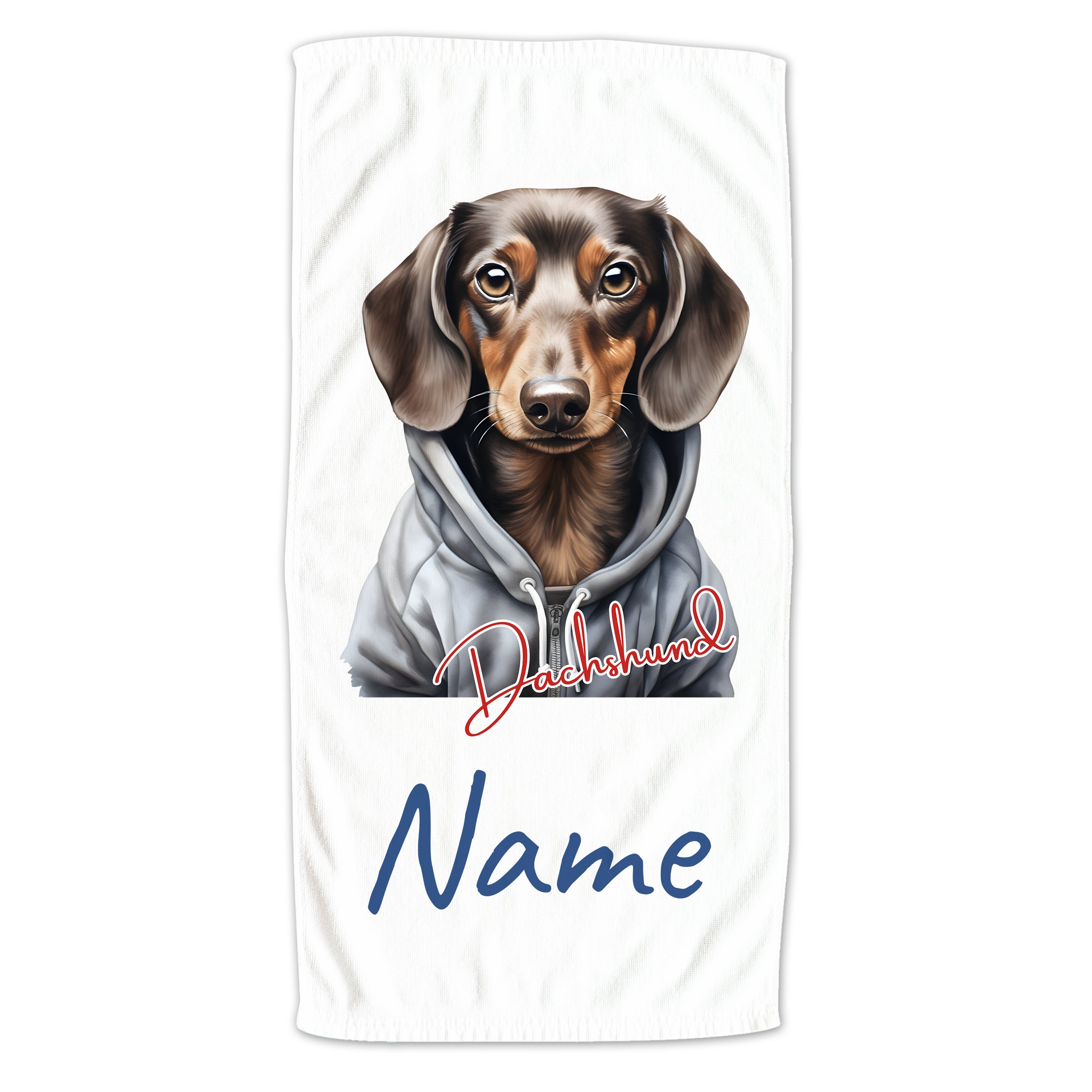 Dachshund mit Kapuzenpullover, weiße Hintergrundfarbe, personalisierbar.