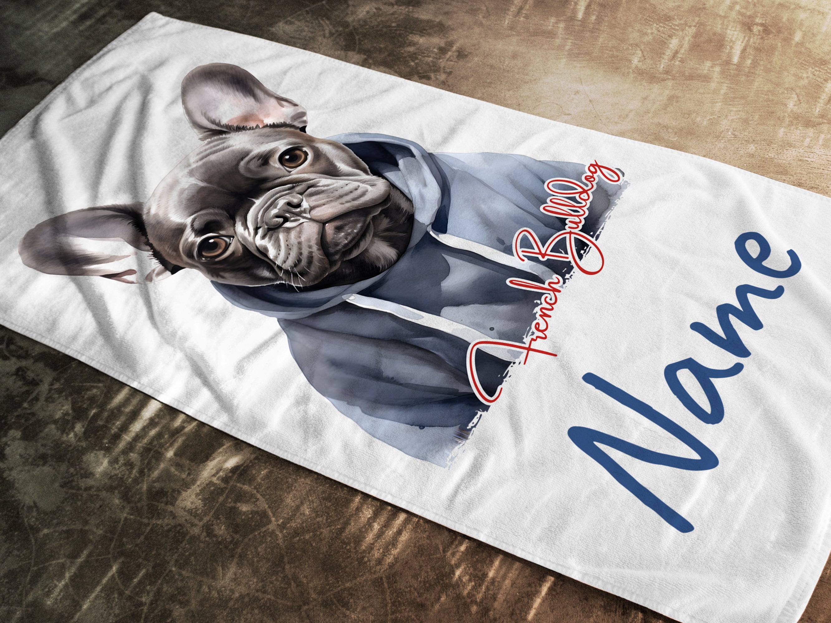 Französische Bulldogge in Kapuzenpulli, personalisierbar mit Namen.