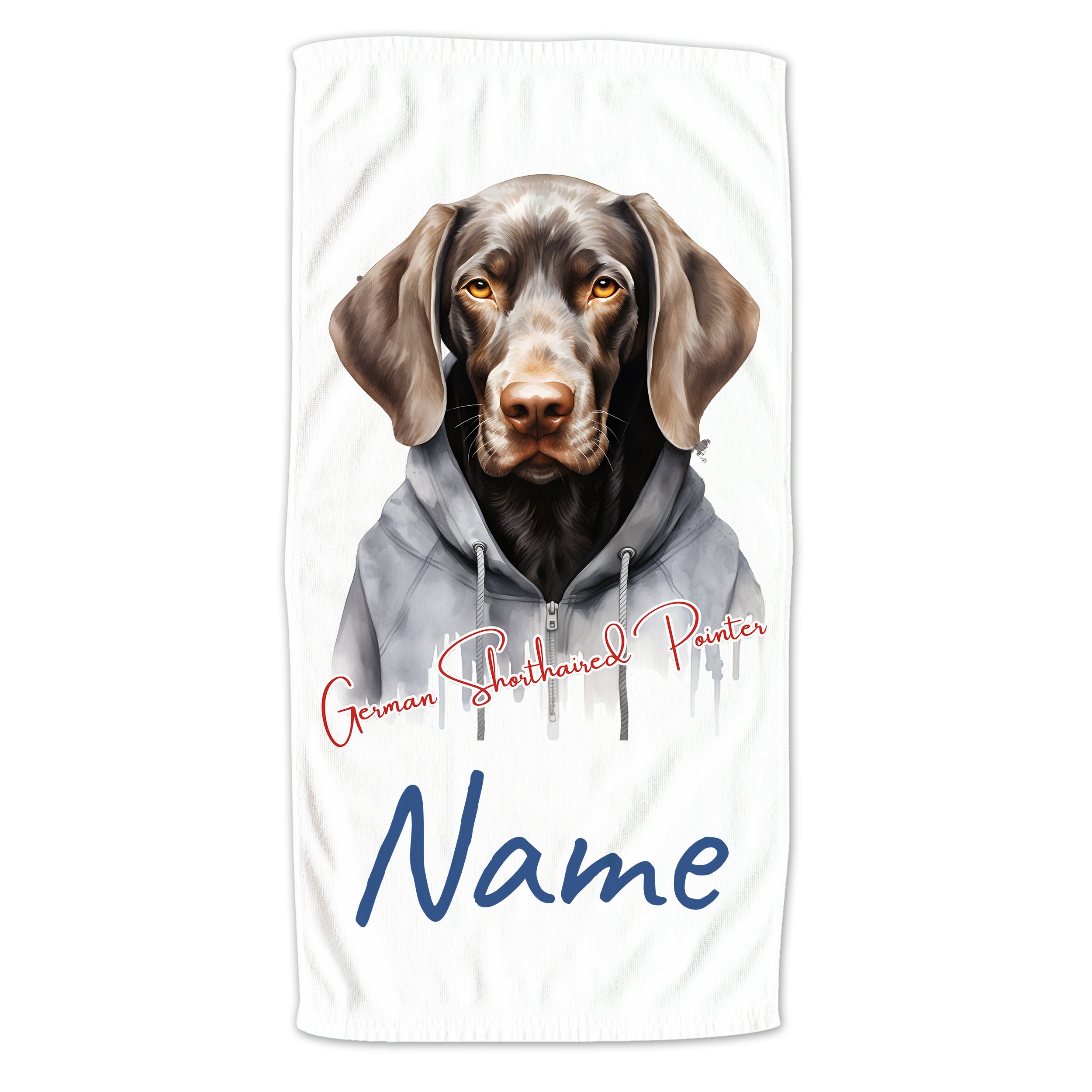 Handtuch mit braunem Hund und personalisiertem Namen.