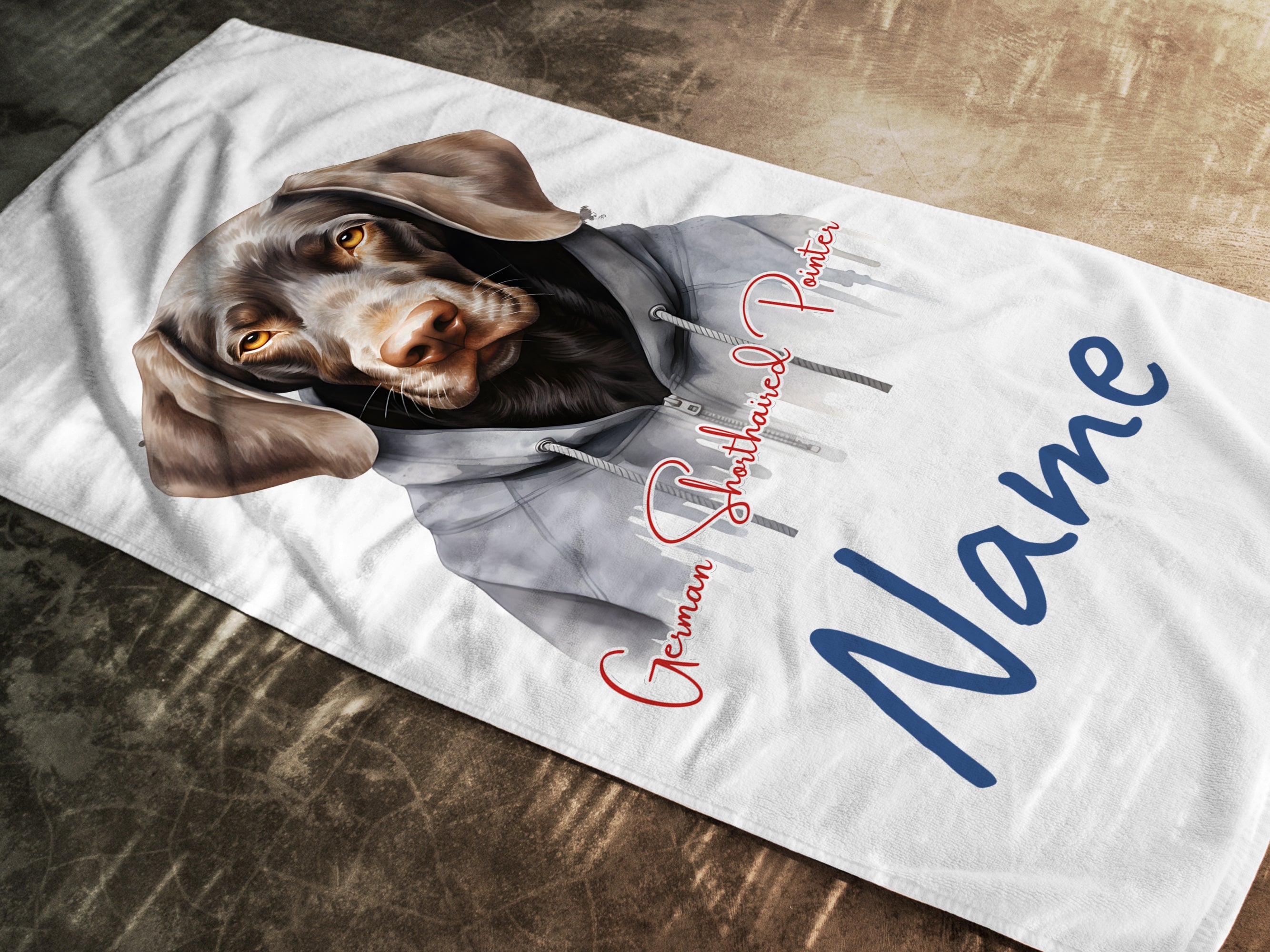 Hundedecke mit braunem Hund und personalisierbarem Namen.