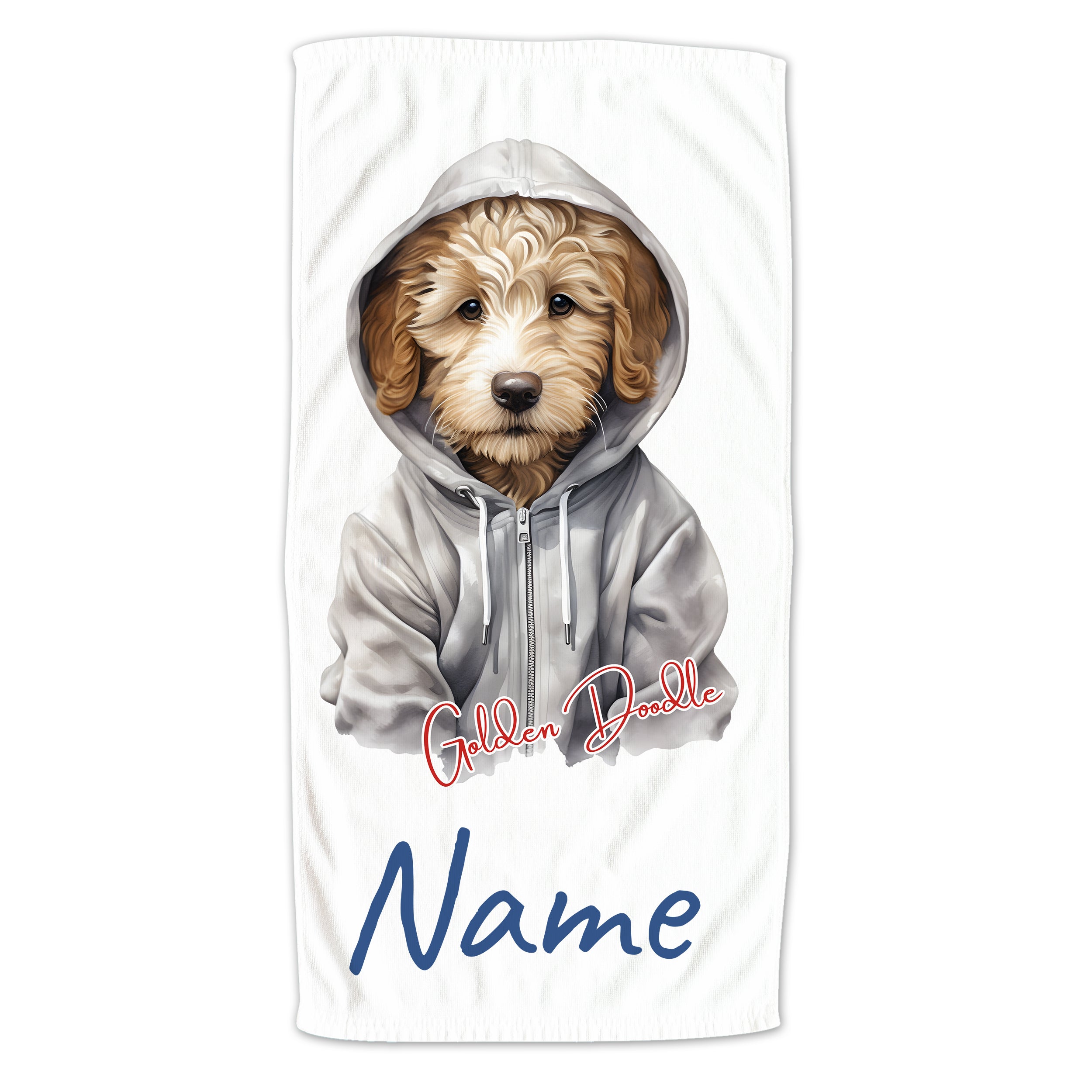 Goldendoodle im Hoodie mit personalisiertem Namen.