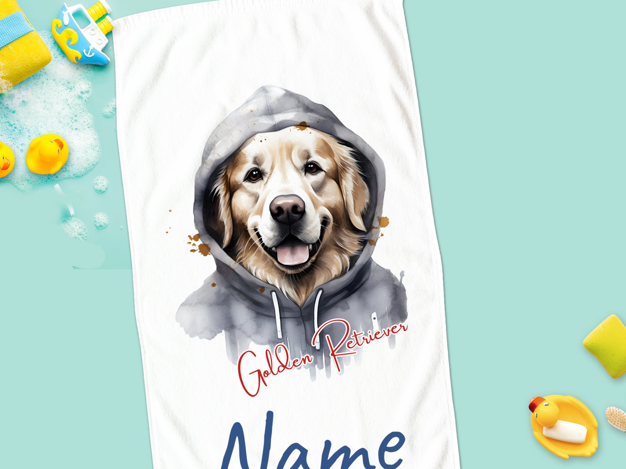 Handtuch mit Golden Retriever im grauen Hoodie, personalisierbar.