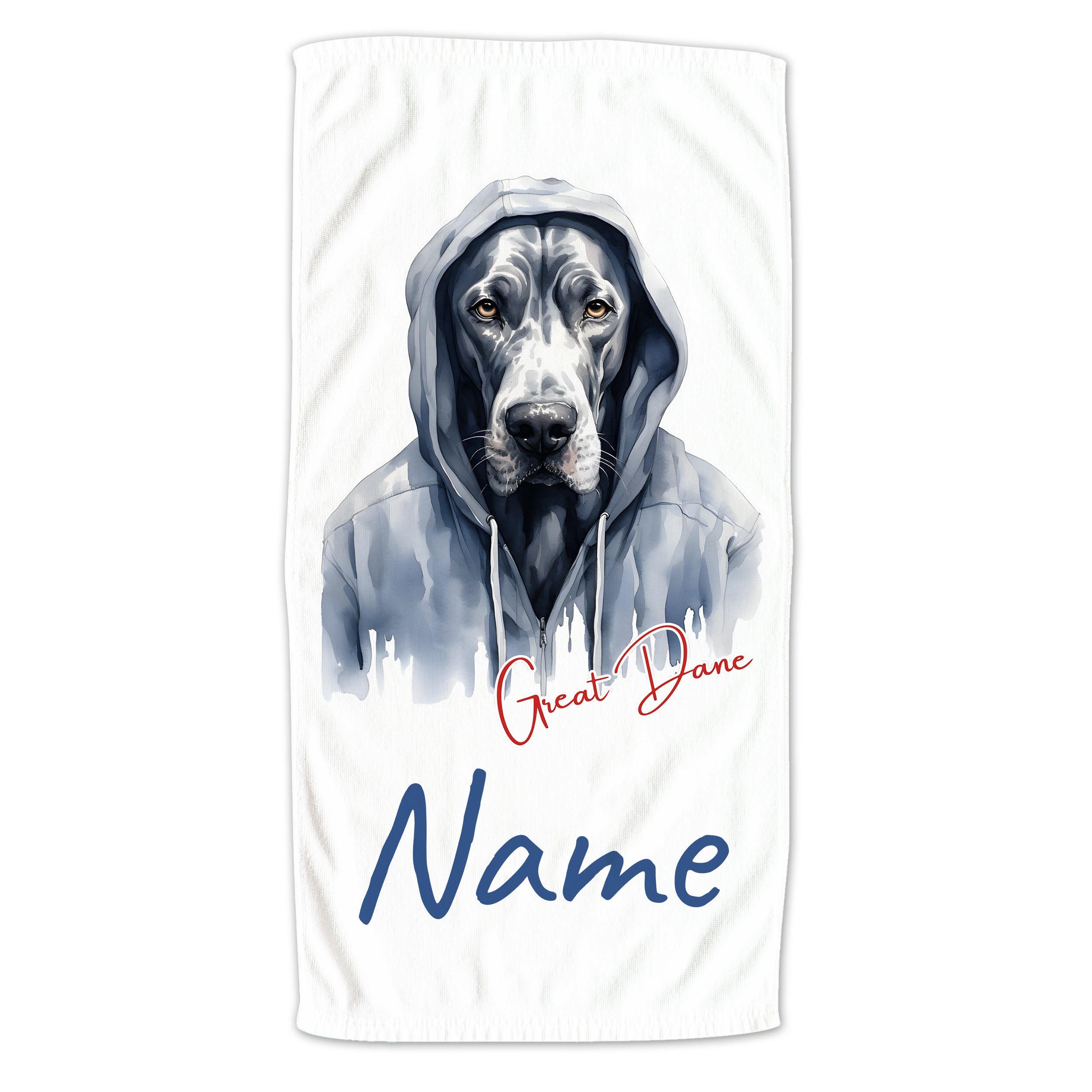 Handtuch mit großer Dogge, grauer Kapuzenpullover, personalisierbar.
