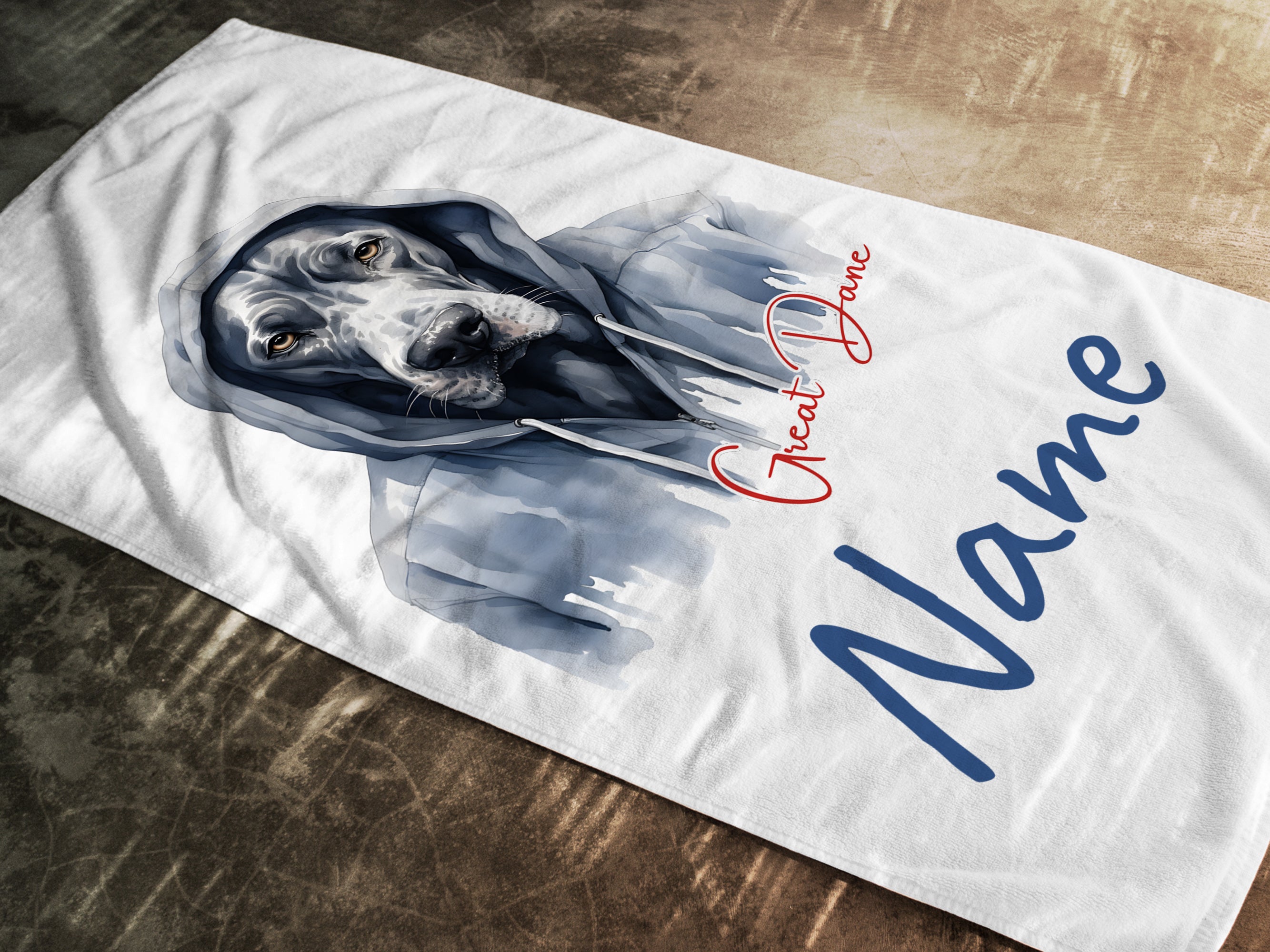 Weißes Handtuch mit Great Dane und personalisiertem Namen.