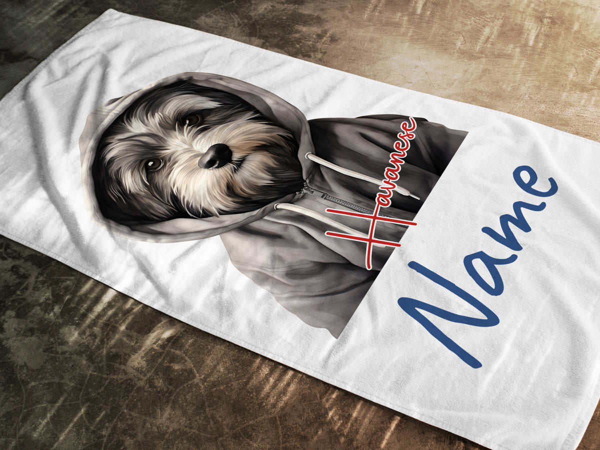 Havaneser Hund in Kapuzenpullover, personalisierbar mit Namen.