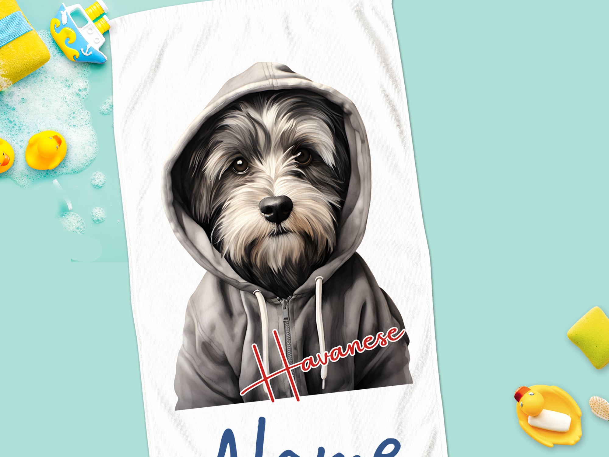 Havaneser-Hund im Hoodie auf Handtuch, farbenfroh.
