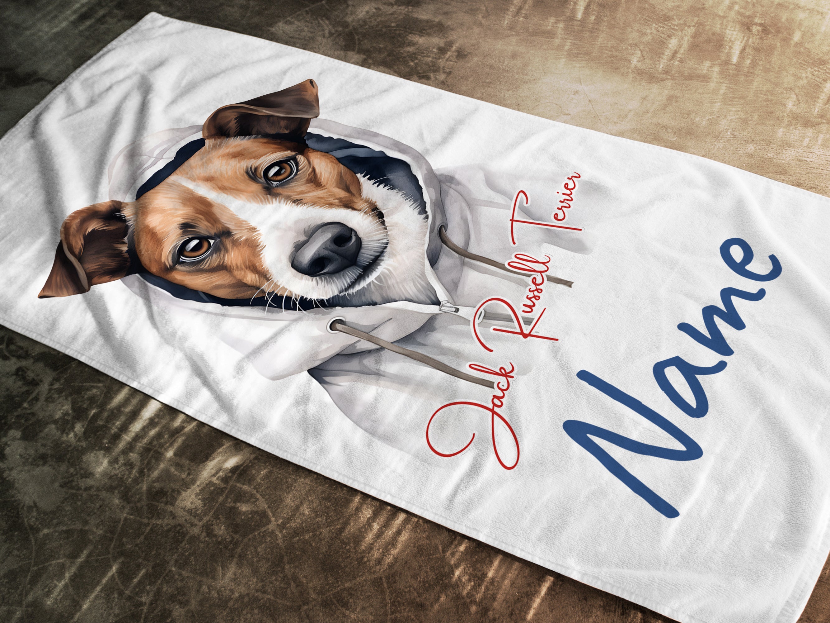 Handtuch mit Jack Russell Terrier, weiß, personalisierbar.