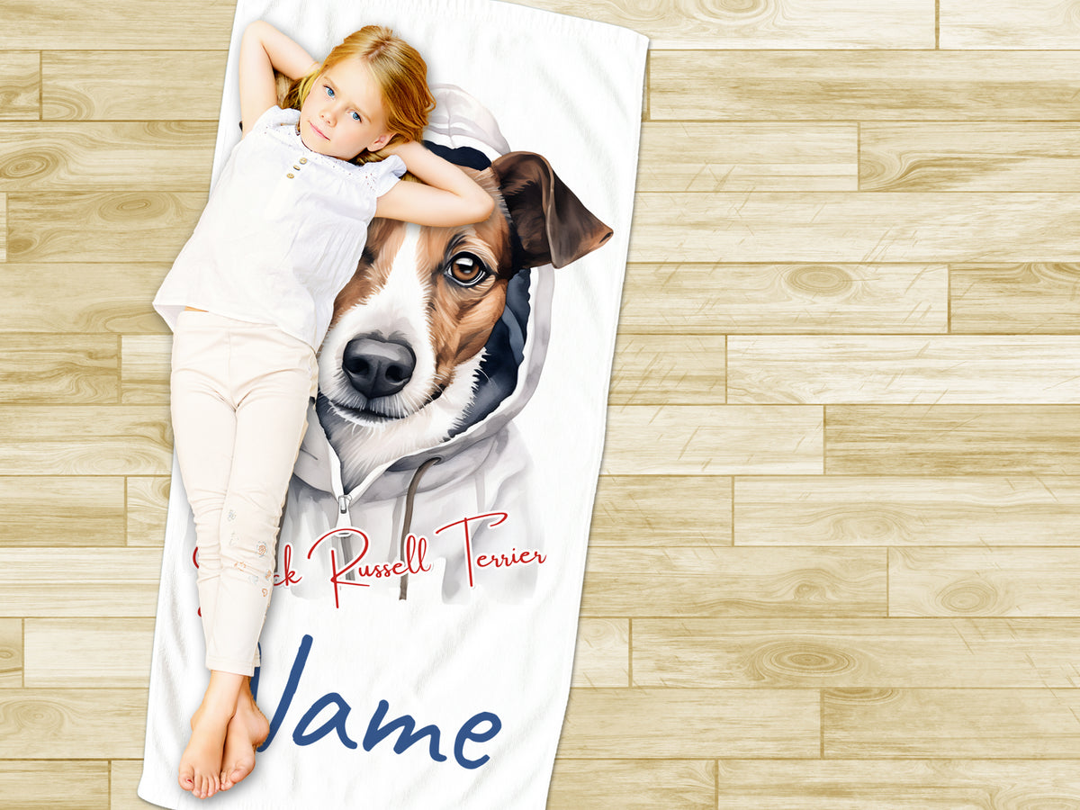 Personalisierbares Handtuch mit Jack Russell Terrier Motiv, weiß.