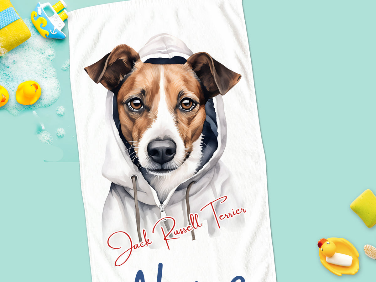 Jack Russell Terrier mit Kapuzenpullover, farbenfroh und detailliert.