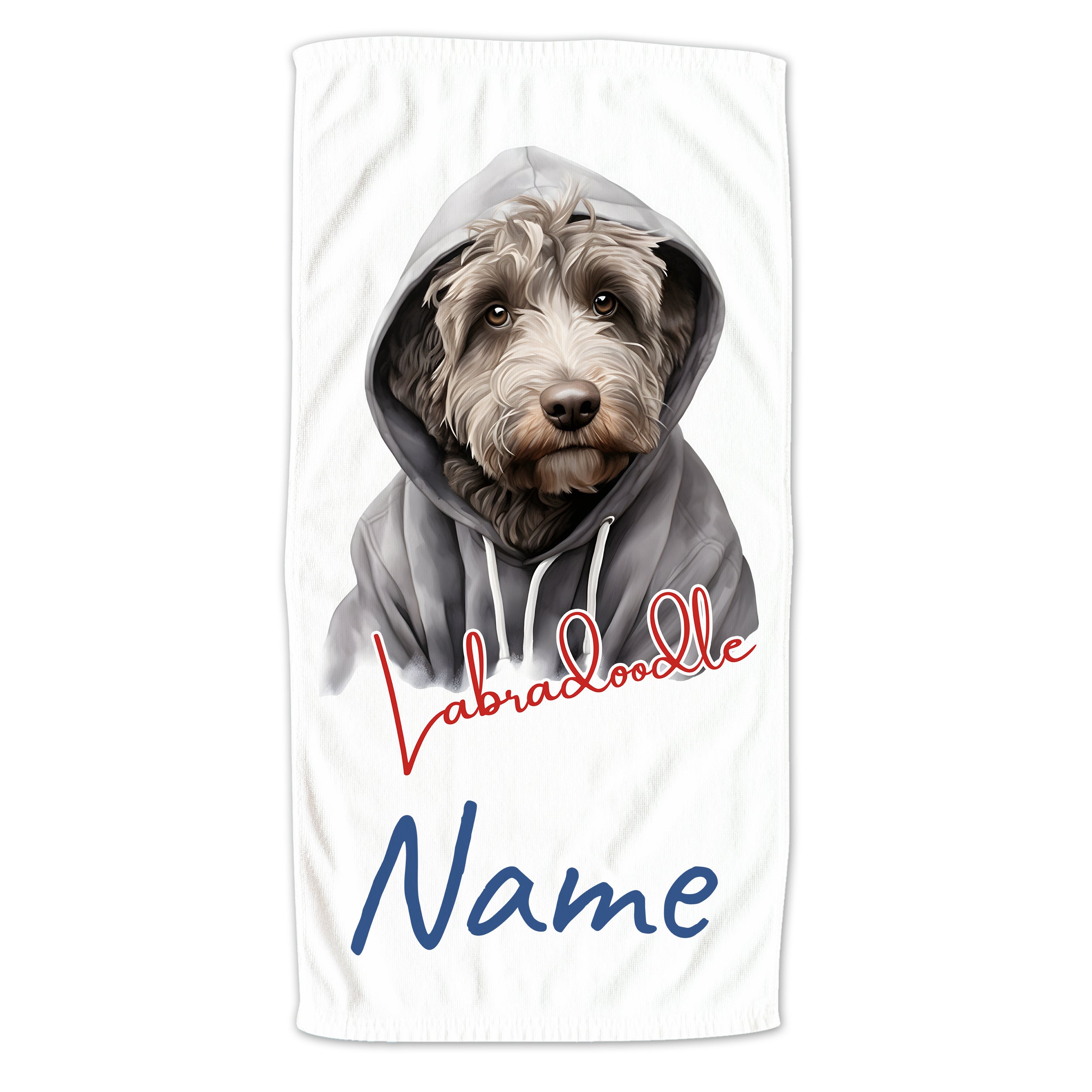 Labradoodle mit Kapuzenpullover, weißes Handtuch, personalisierbar.