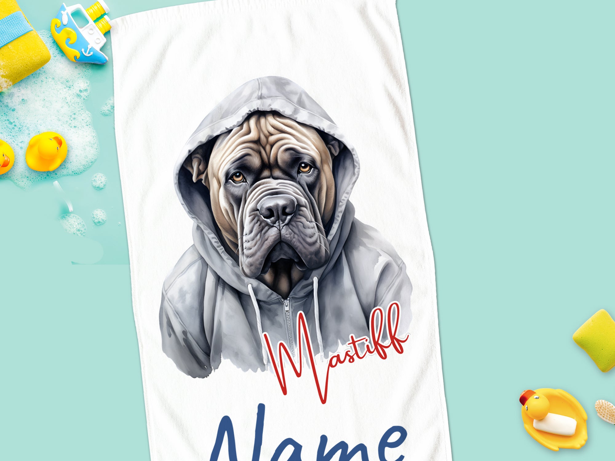 Handtuch mit Mastiff-Hund im grauen Hoodie, personalisierbar.