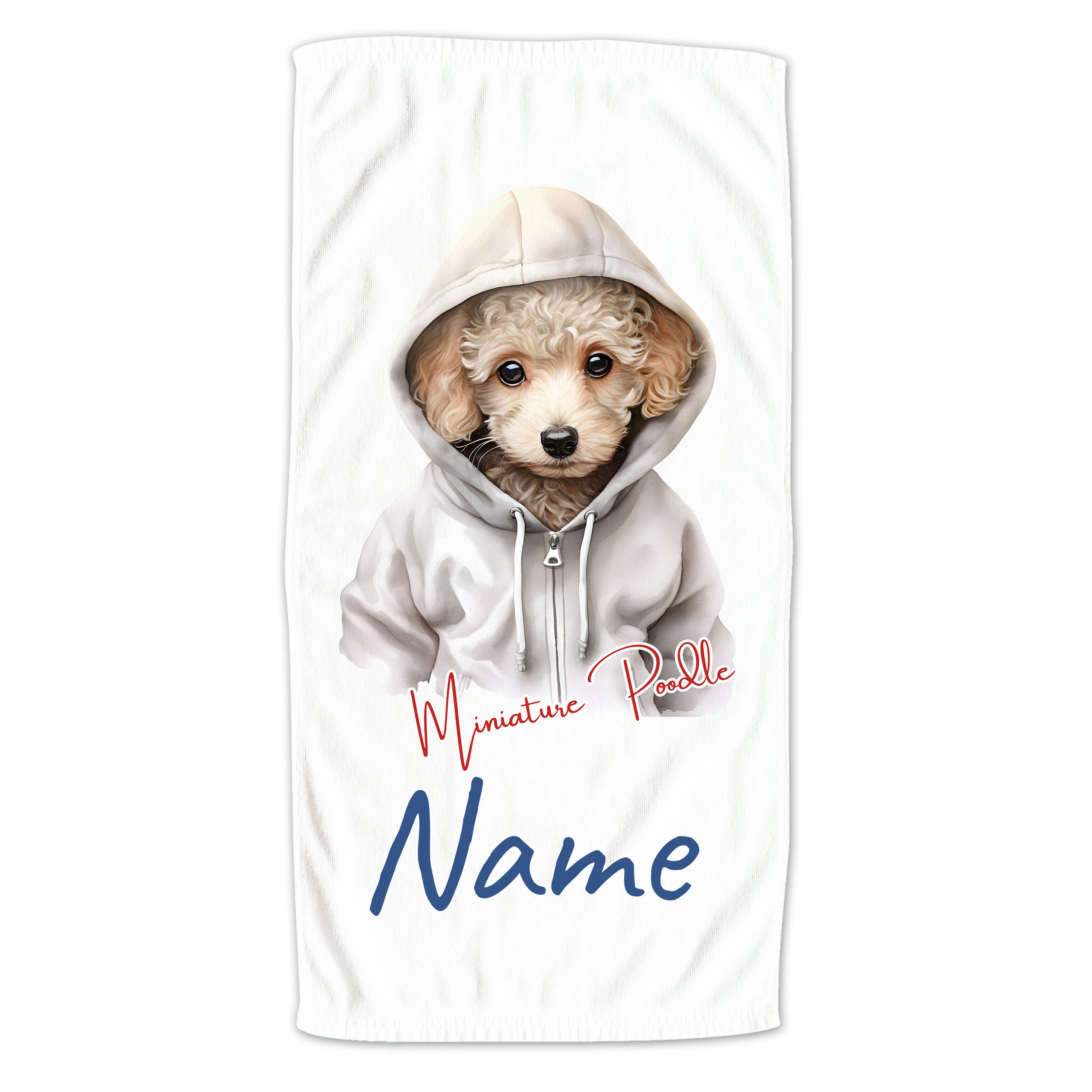 Miniature Poodle in Kapuzenpullover, weiß mit personalisiertem Namen.