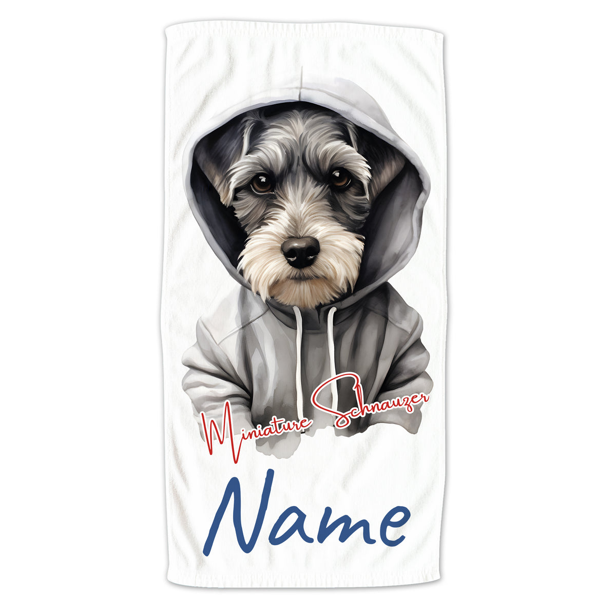 Miniature Schnauzer im Hoodie, weißes Handtuch, personalisierbar.