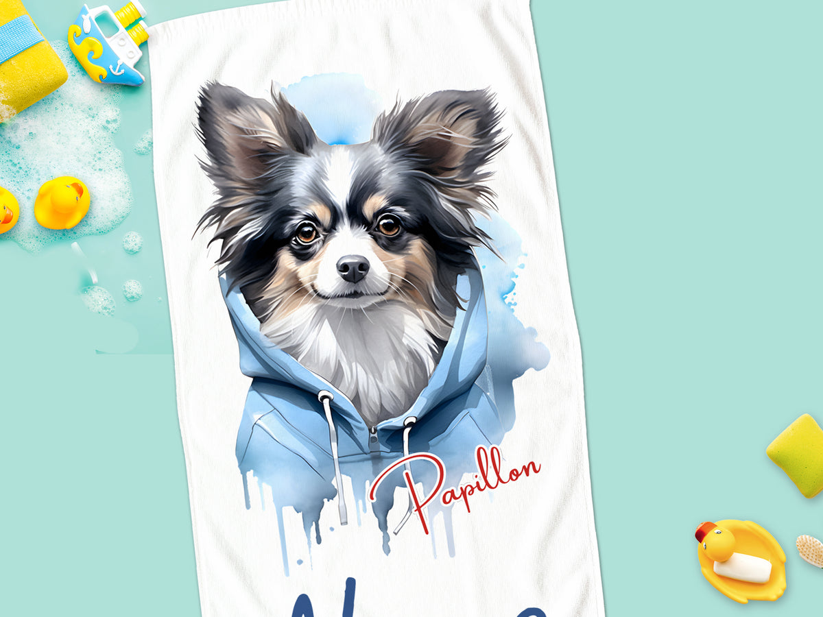 Papillon-Hund mit Kapuzenpullover, aquablaues Design.