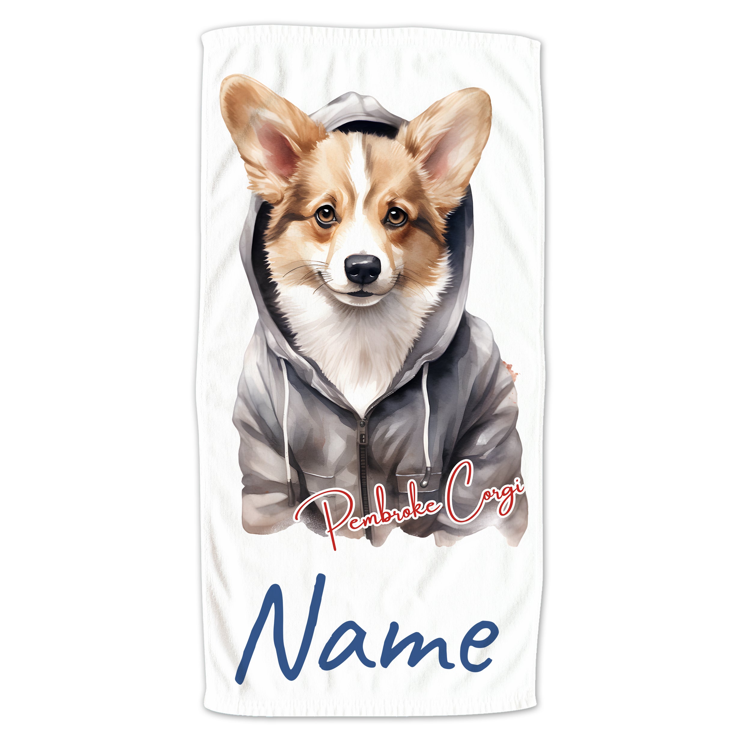 Corgi mit Kapuzenpullover, personalisierbar, helles Design.