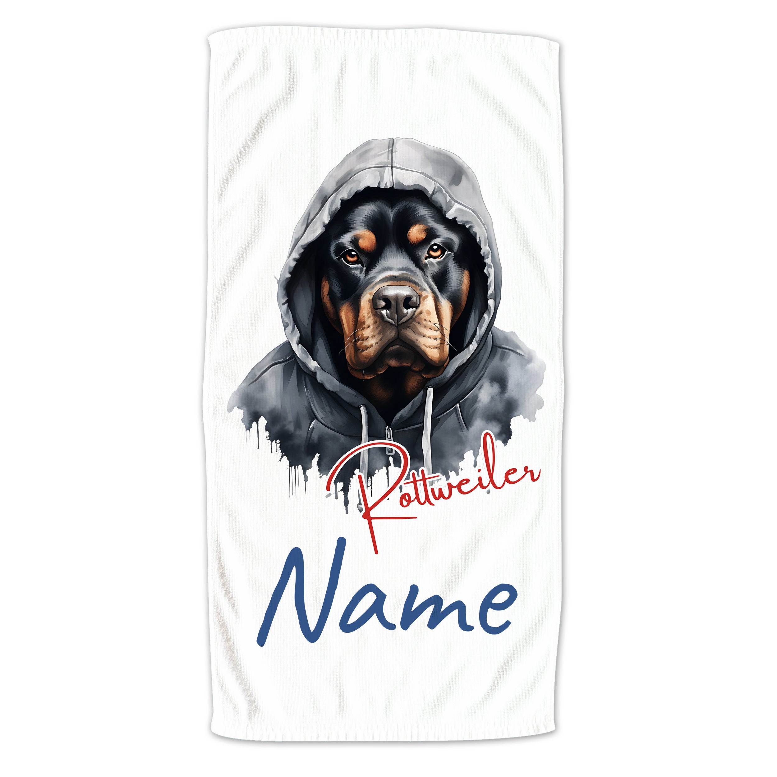 Rottweiler Handtuch mit Hoodie, weißer Hintergrund, personalisierbar.