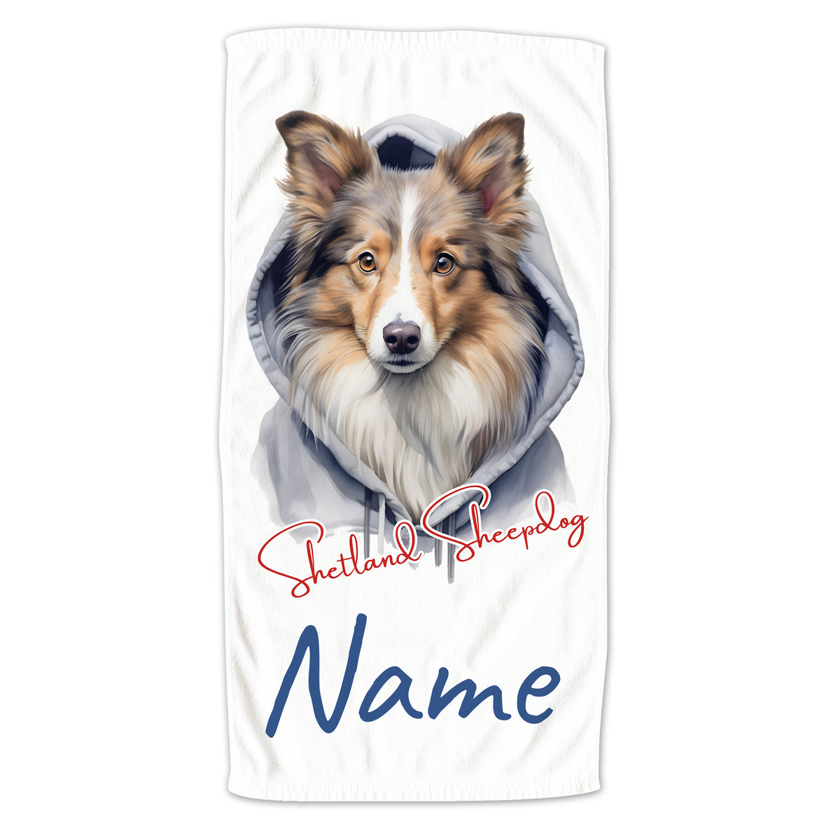 Handtuch mit Shetland Sheepdog-Motiv und personalisierbarem Namen.