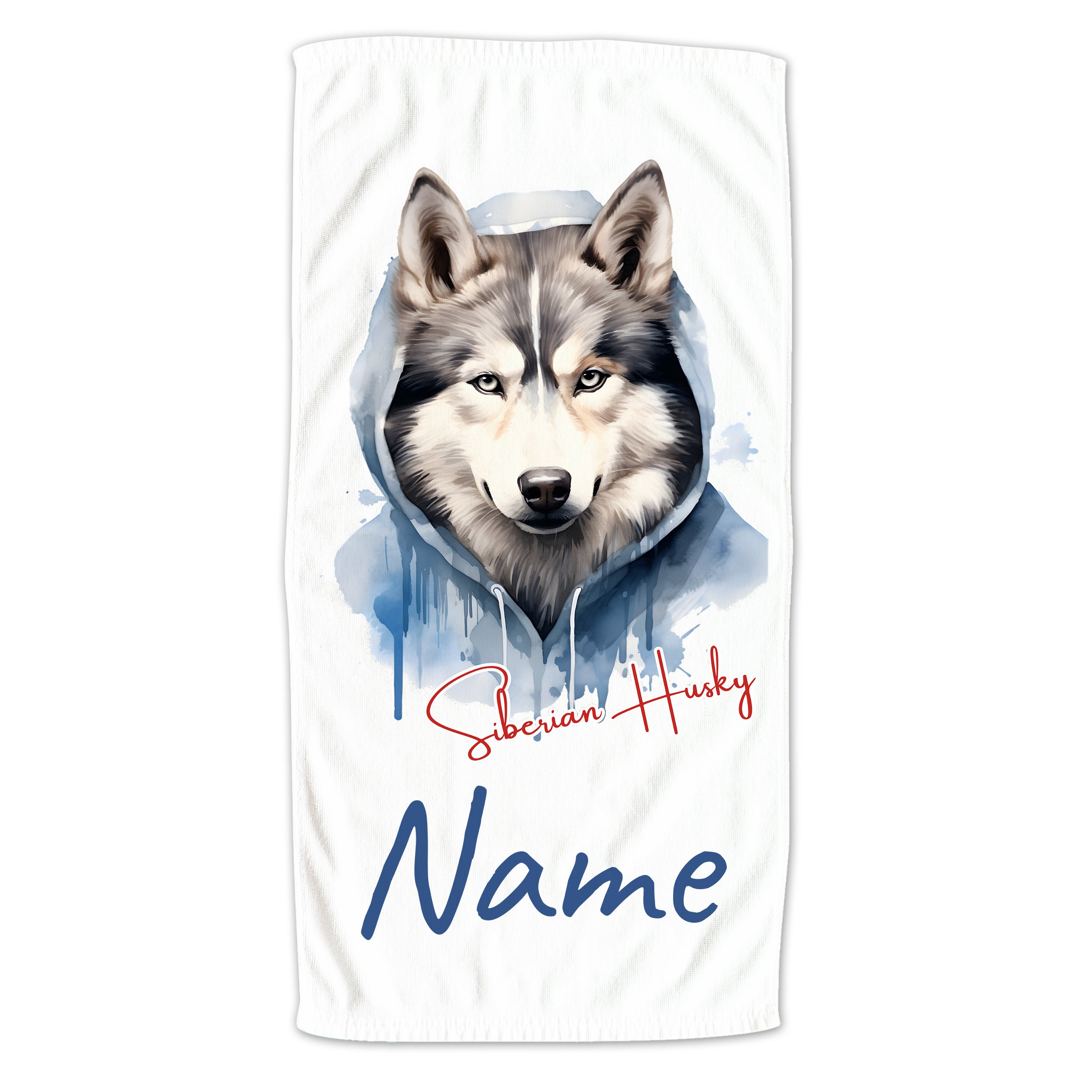 Siberian Husky Handtuch mit personalisierbarem Namen in Blau.
