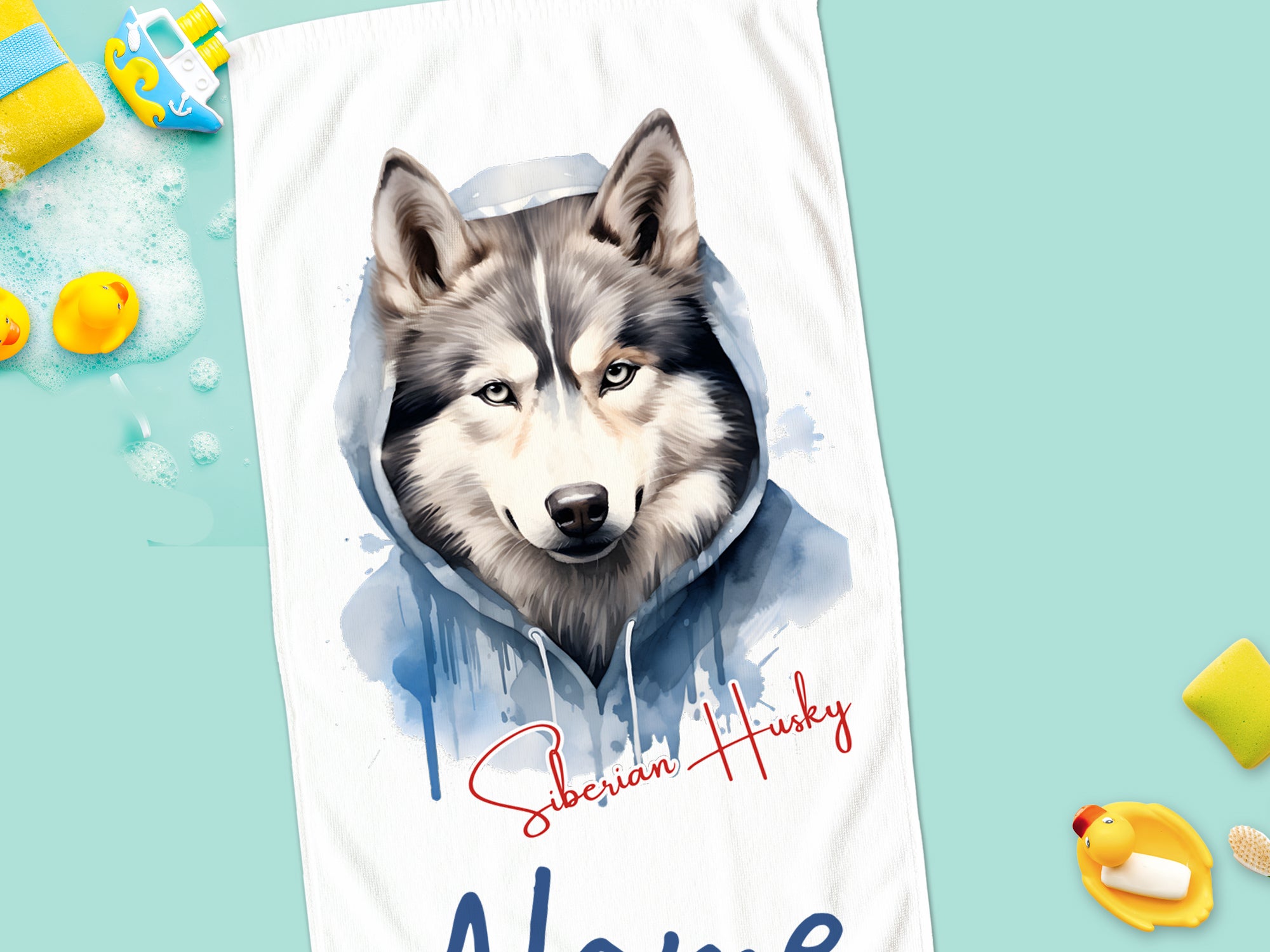 Siberian Husky Handtuch mit farbenfrohem Design und Namen.