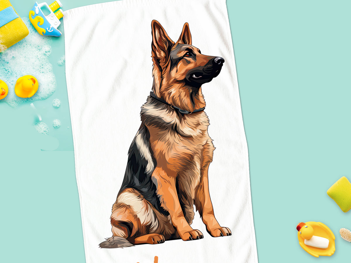 Schäferhund auf weißem Handtuch, detaillierte Darstellung.