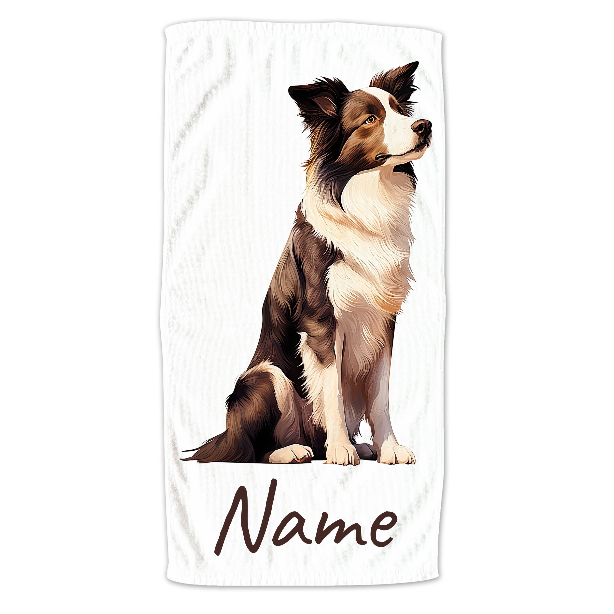 Hundetuch mit Border Collie-Motiv und personalisierbarem Namen.