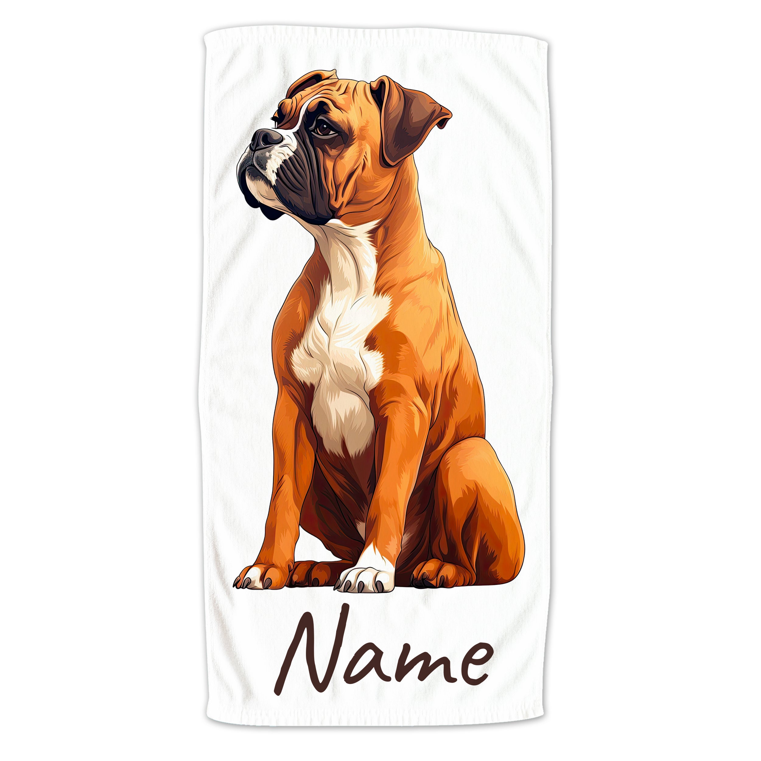 Braun-weiße Boxer-Hundetasse mit personalisierbarem Namen.