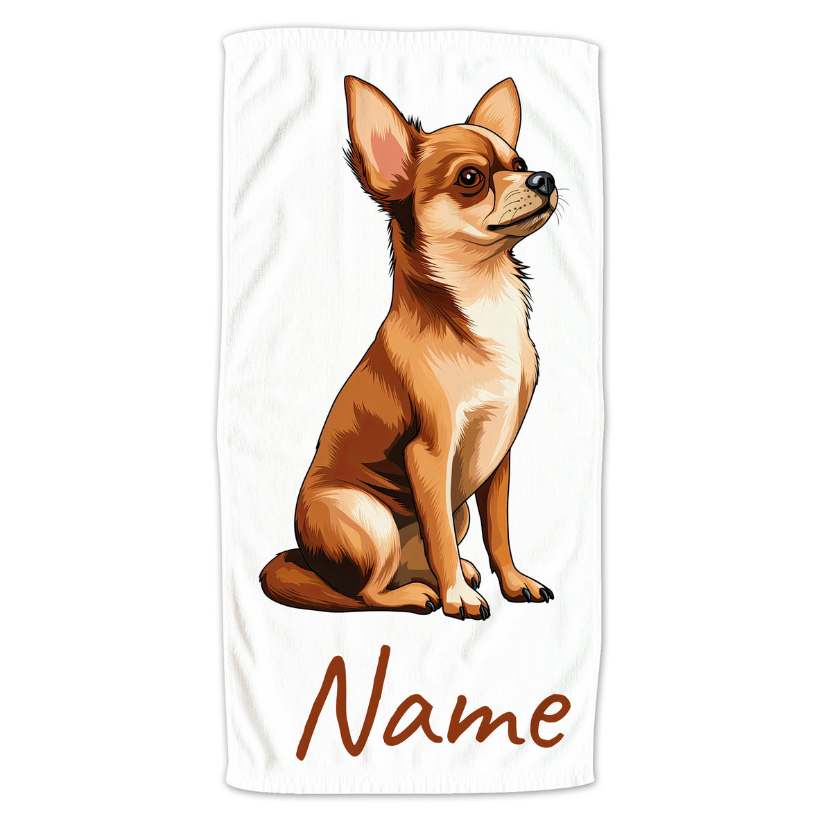 Chihuahua Handtuch mit braunem Hund und personalisiertem Namen.