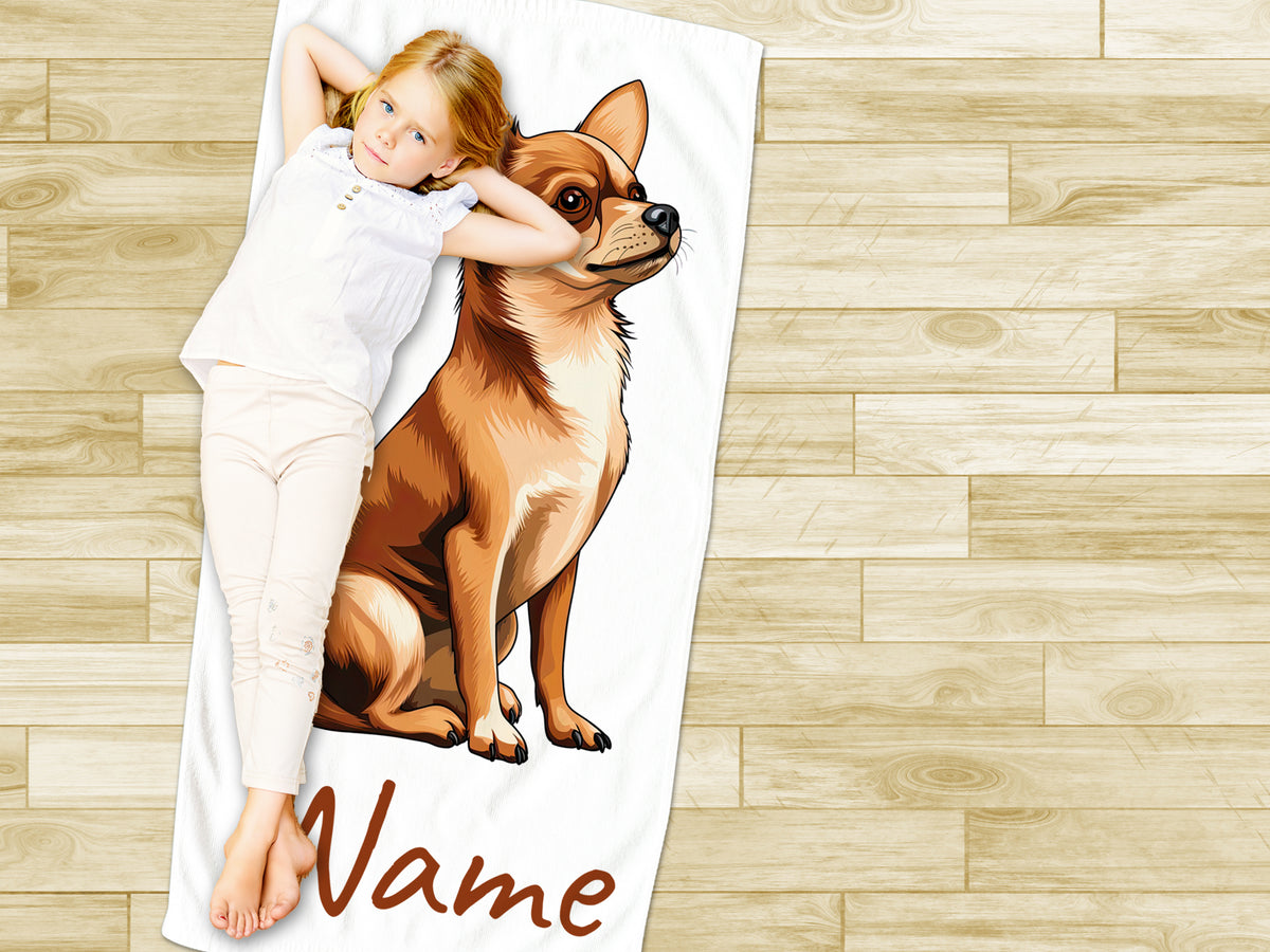 Personalisierte Decke mit Chihuahua-Motiv in Weiß und Braun.
