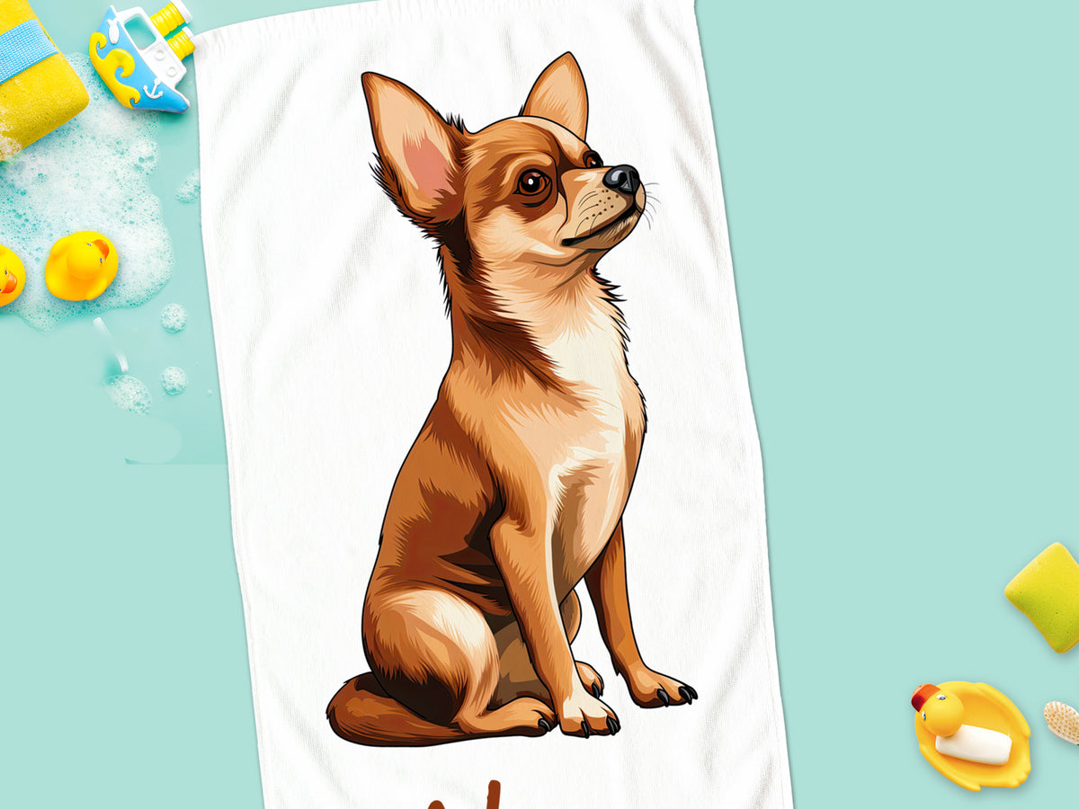 Brauner Chihuahua auf einem weißen Handtuch.