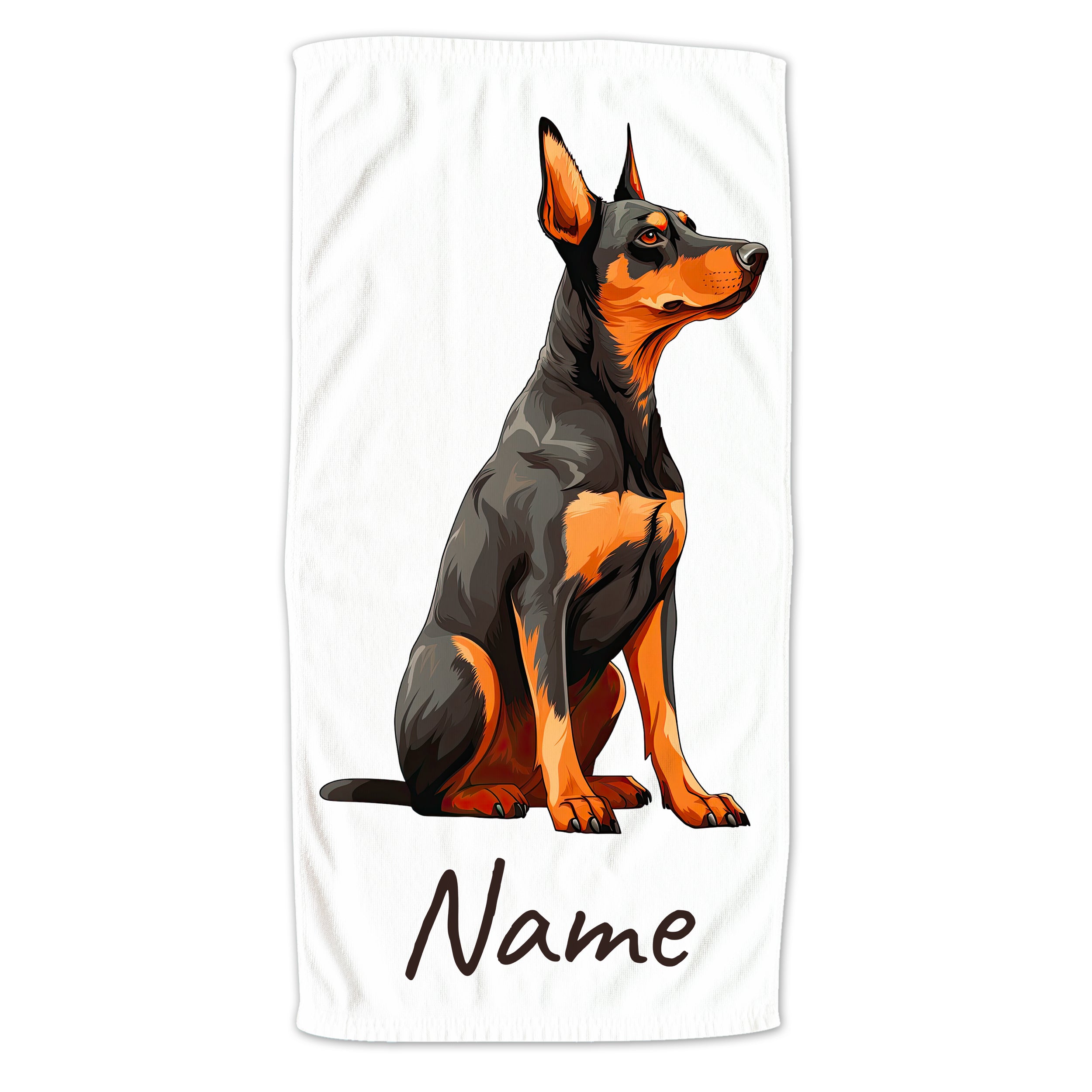 Hundetuch mit sitzendem Hund, schwarz-orange, personalisierbar.