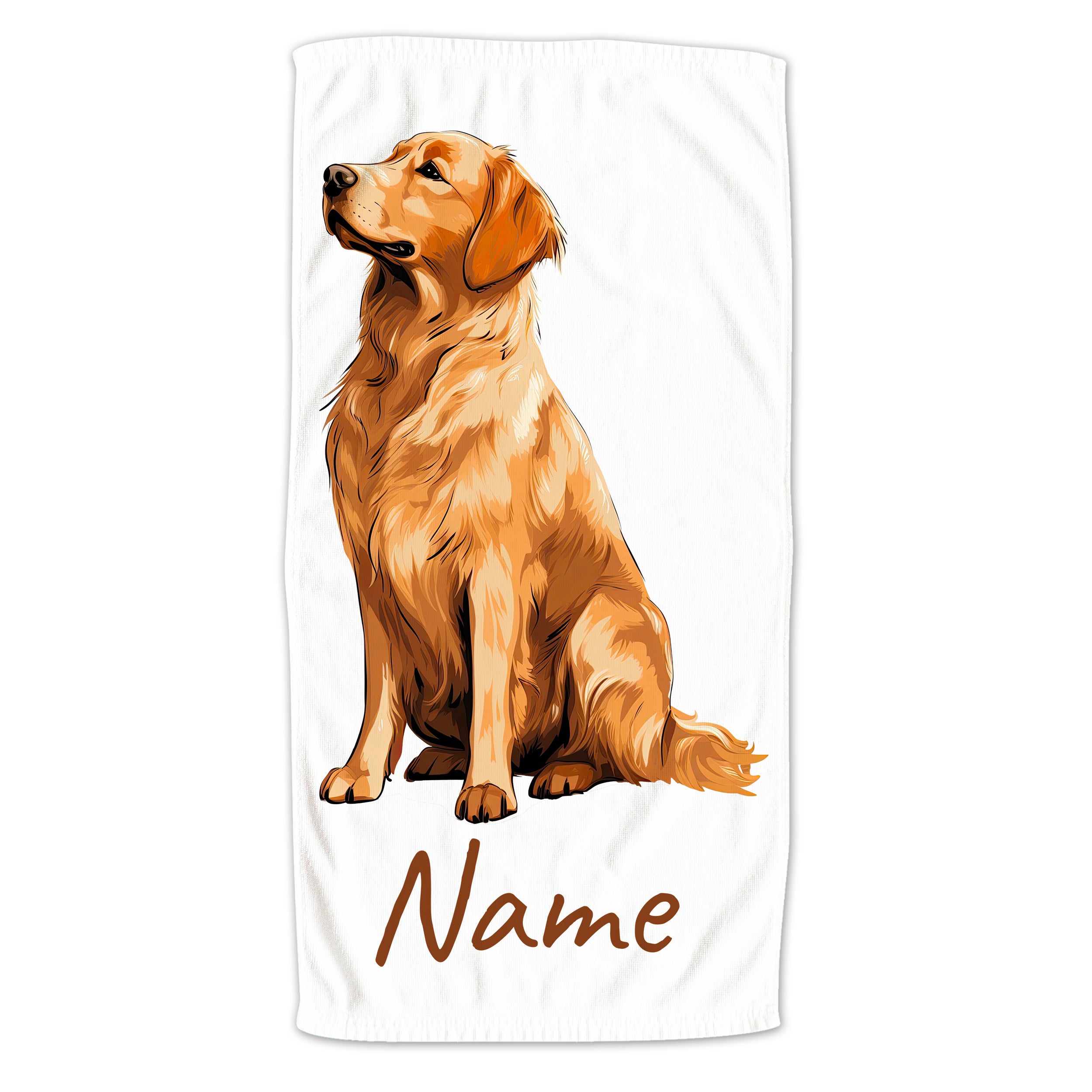 Goldener Retriever auf Handtuch mit personalisierbarem Namen.