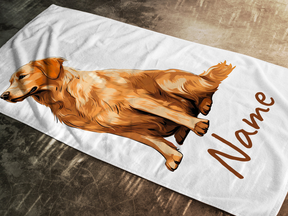 Weißes Handtuch mit springendem goldenem Retriever und Namen.