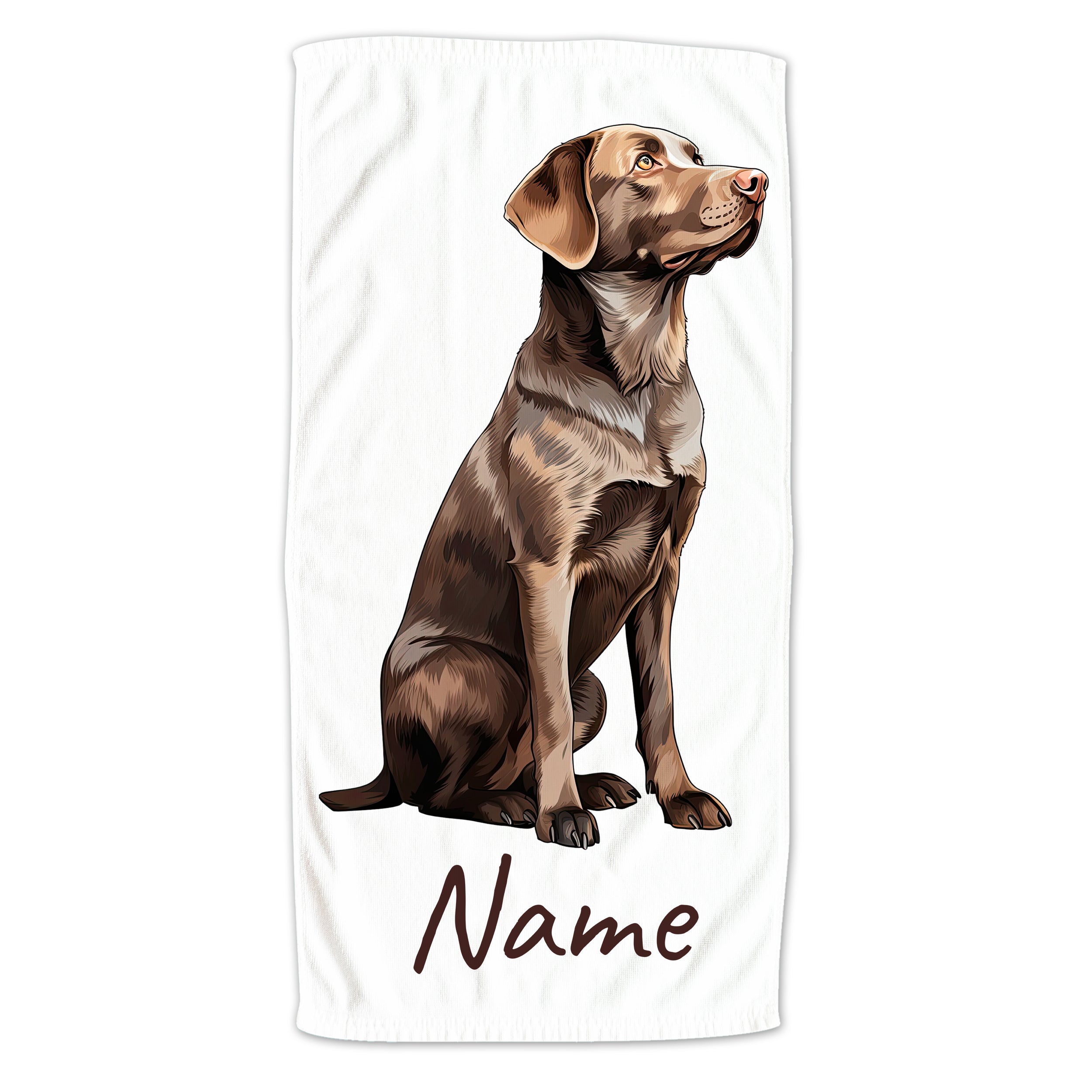 Braunes Hundebild auf weißem Handtuch mit personalisiertem Namen.