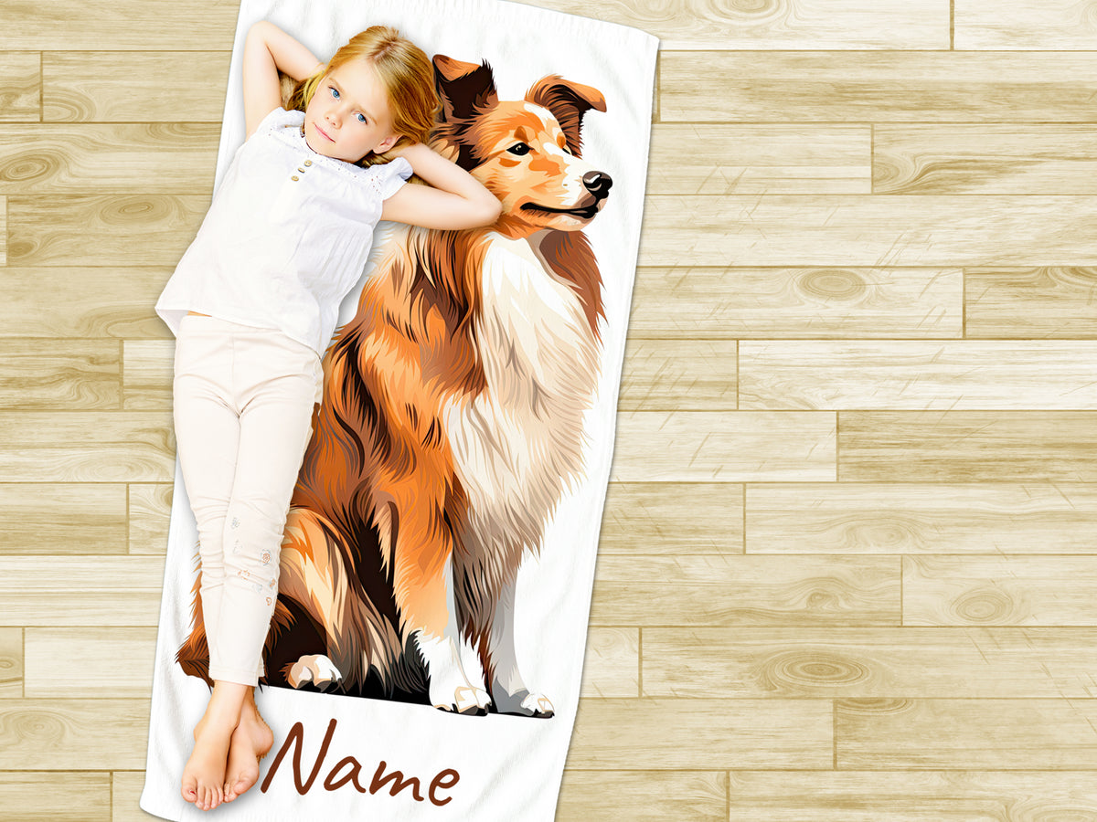 Mädchen mit Collie auf personalisiertem Handtuch in Weiß.
