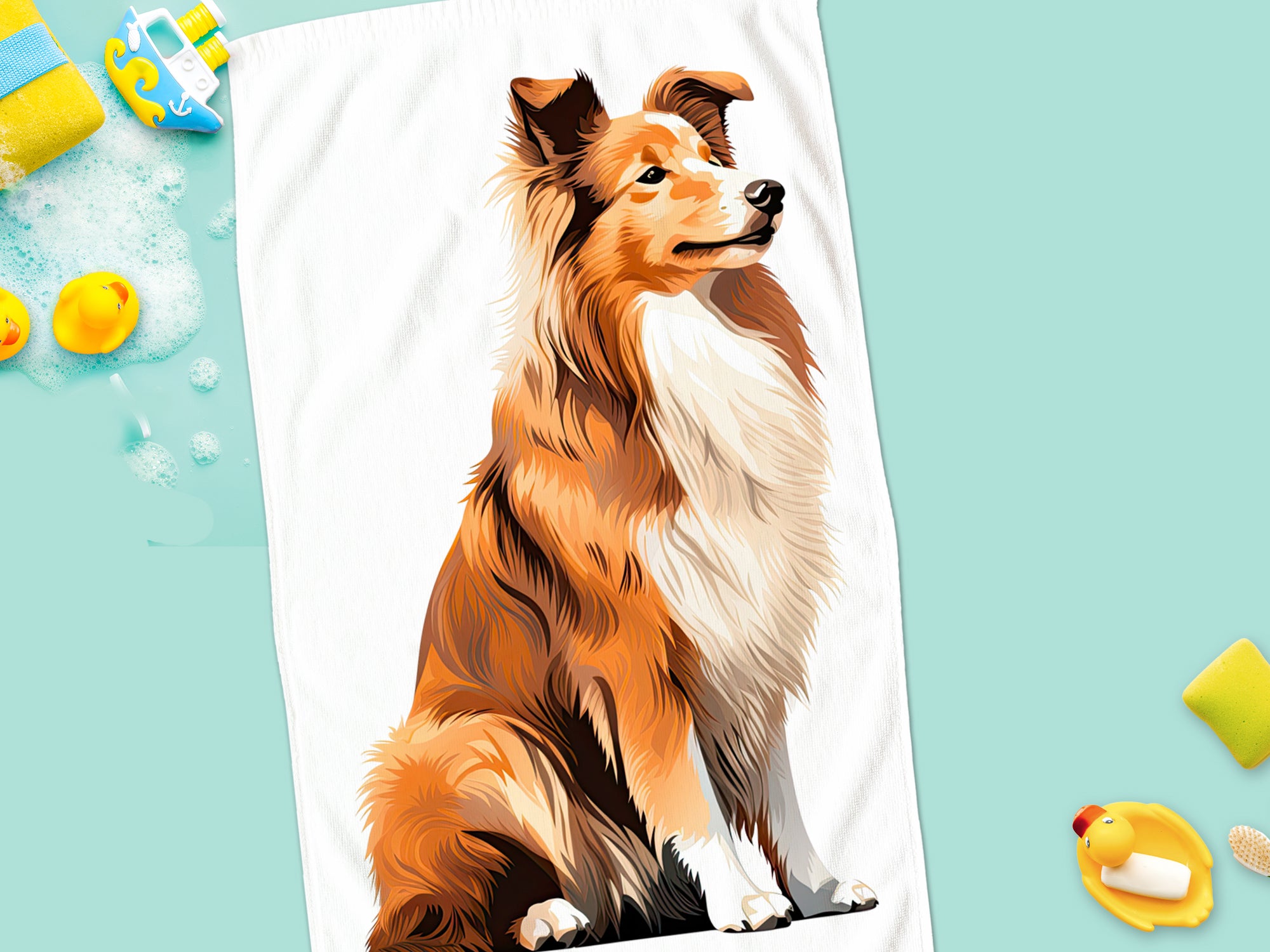 Braun-weißer Collie auf einem Handtuch, sommerliches Design.