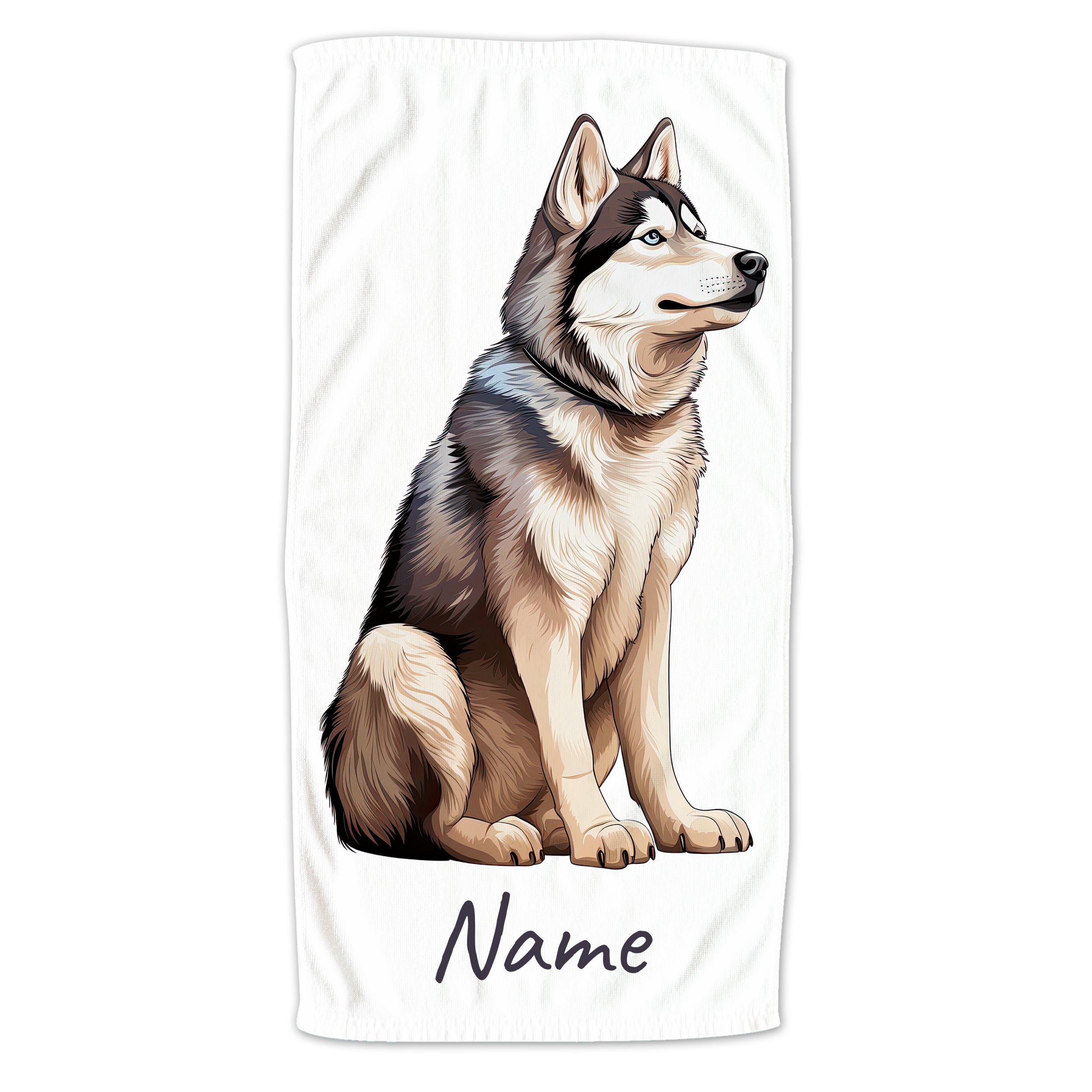 Hundehandtuch mit sitzendem Husky und personalisierbarem Namen.