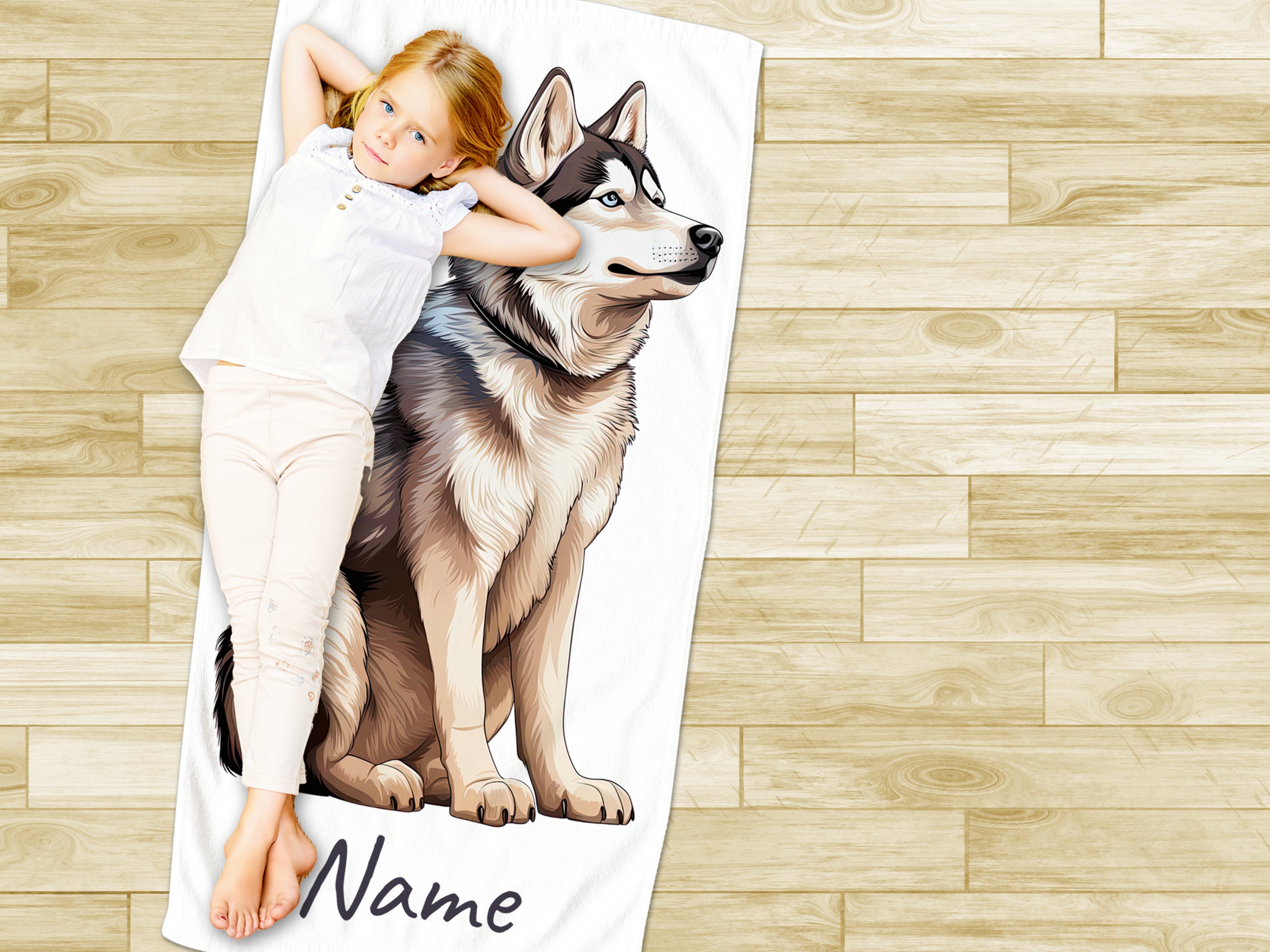 Kinderdecke mit Husky-Motiv und personalisierbarem Namen.