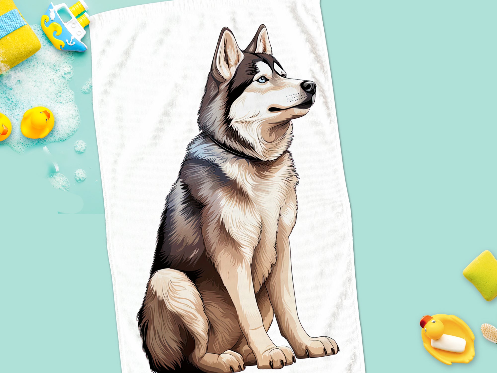 Sitzender Husky auf einem weißen Handtuch, detailreich illustriert.