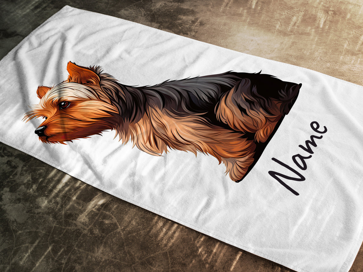 Yorkshire Terrier auf weißem Hintergrund mit Name.