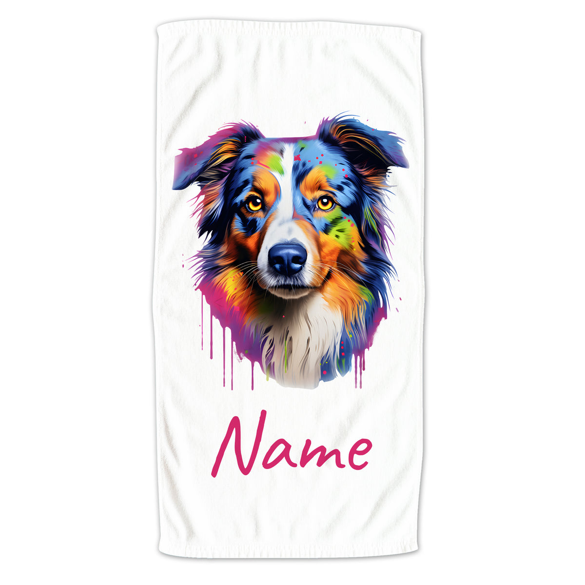 Bunte Hundedruck mit personalisierbarem Namen auf weißem Hintergrund.