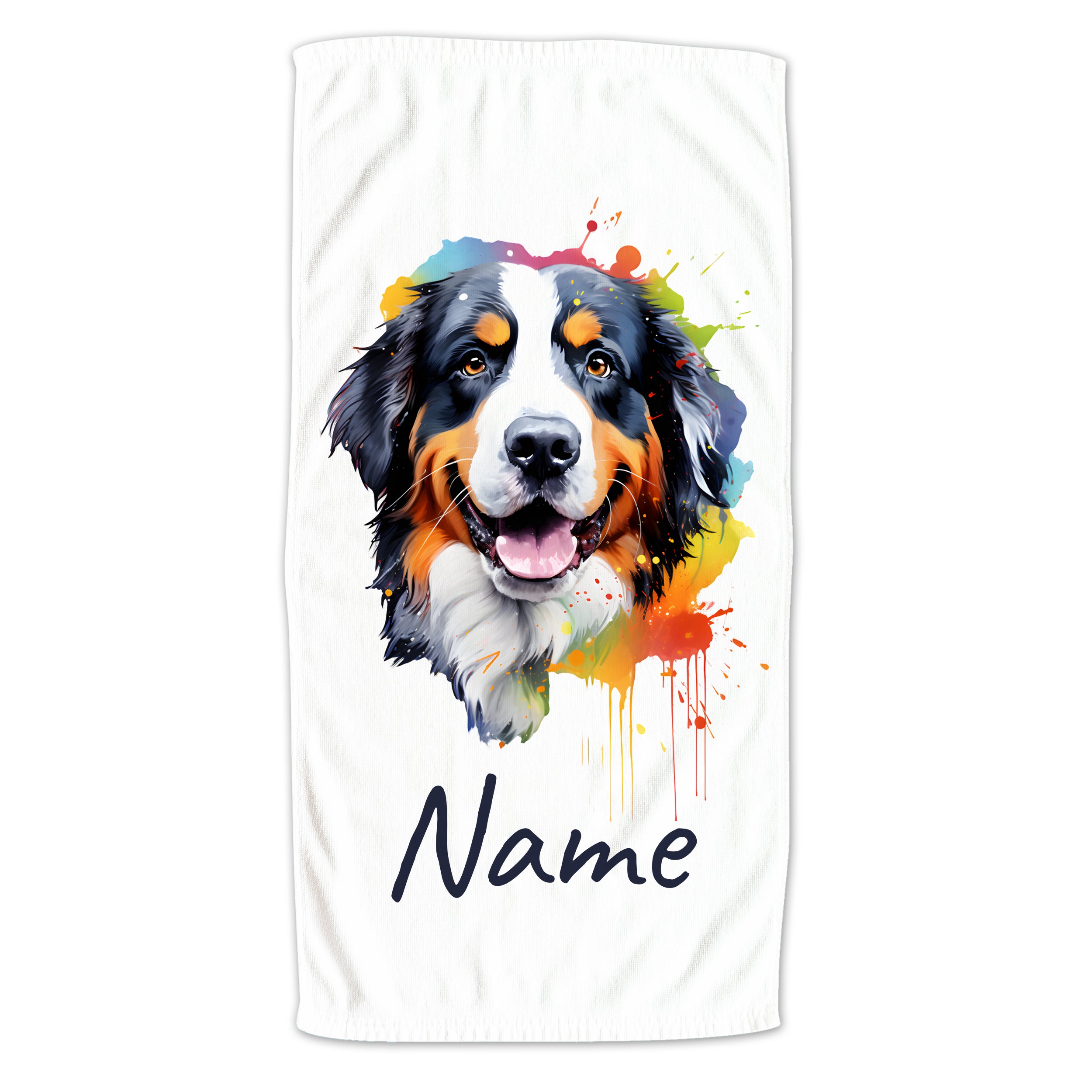 Hundetuch mit farbenfrohem Bernhardiner-Motiv und Platz für Namen.