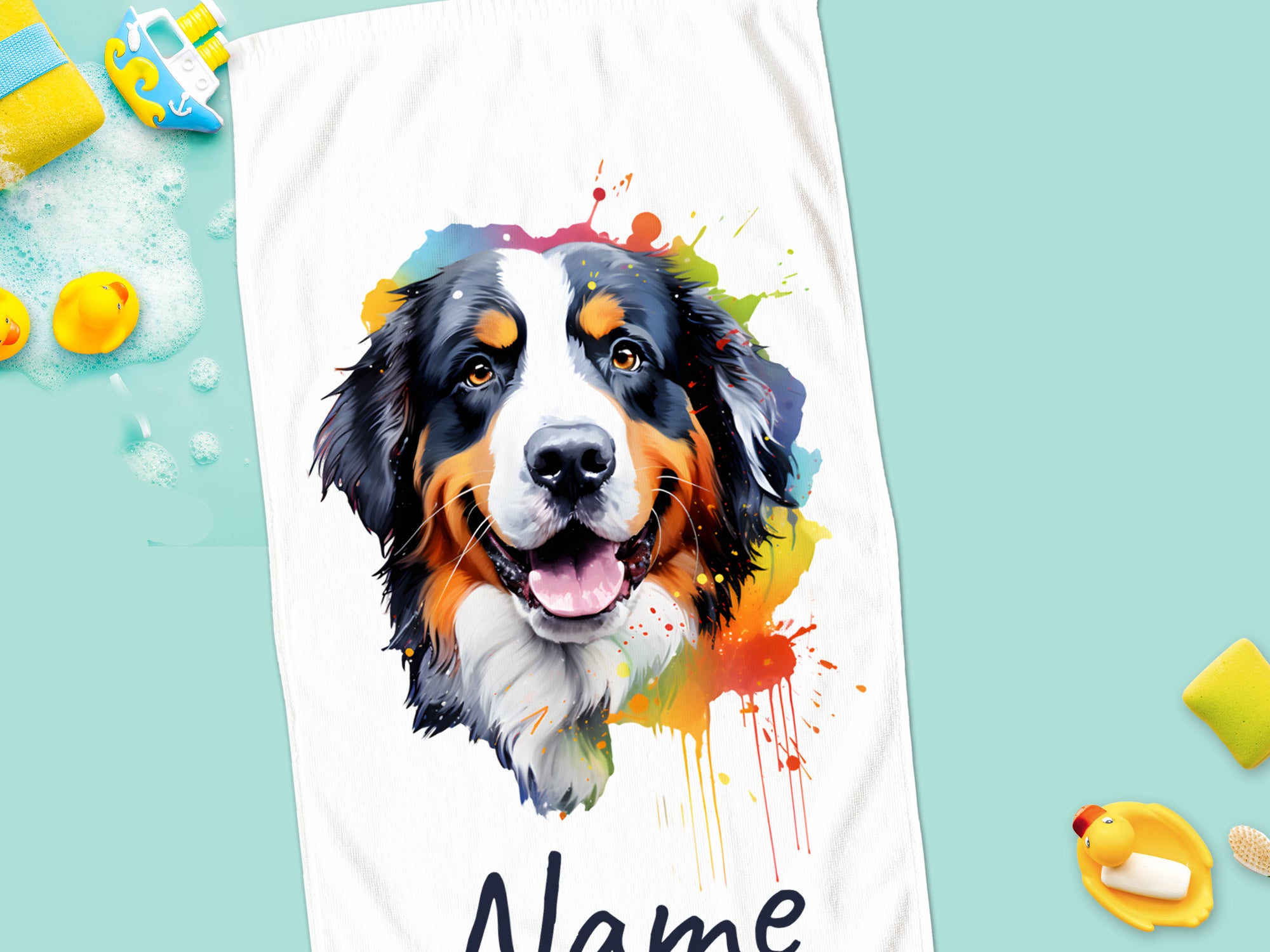 Badehandtuch mit farbenfrohem Berner Sennenhund-Motiv.